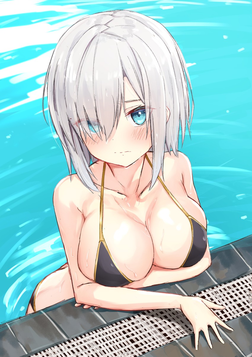 ars_almal big_breasts bikini bikini_top black_bikini blue_eyes breasts busty cleavage female female_only nijisanji pool shortstack small_but_busty solo solo_female swimsuit virtual_youtuber white_hair