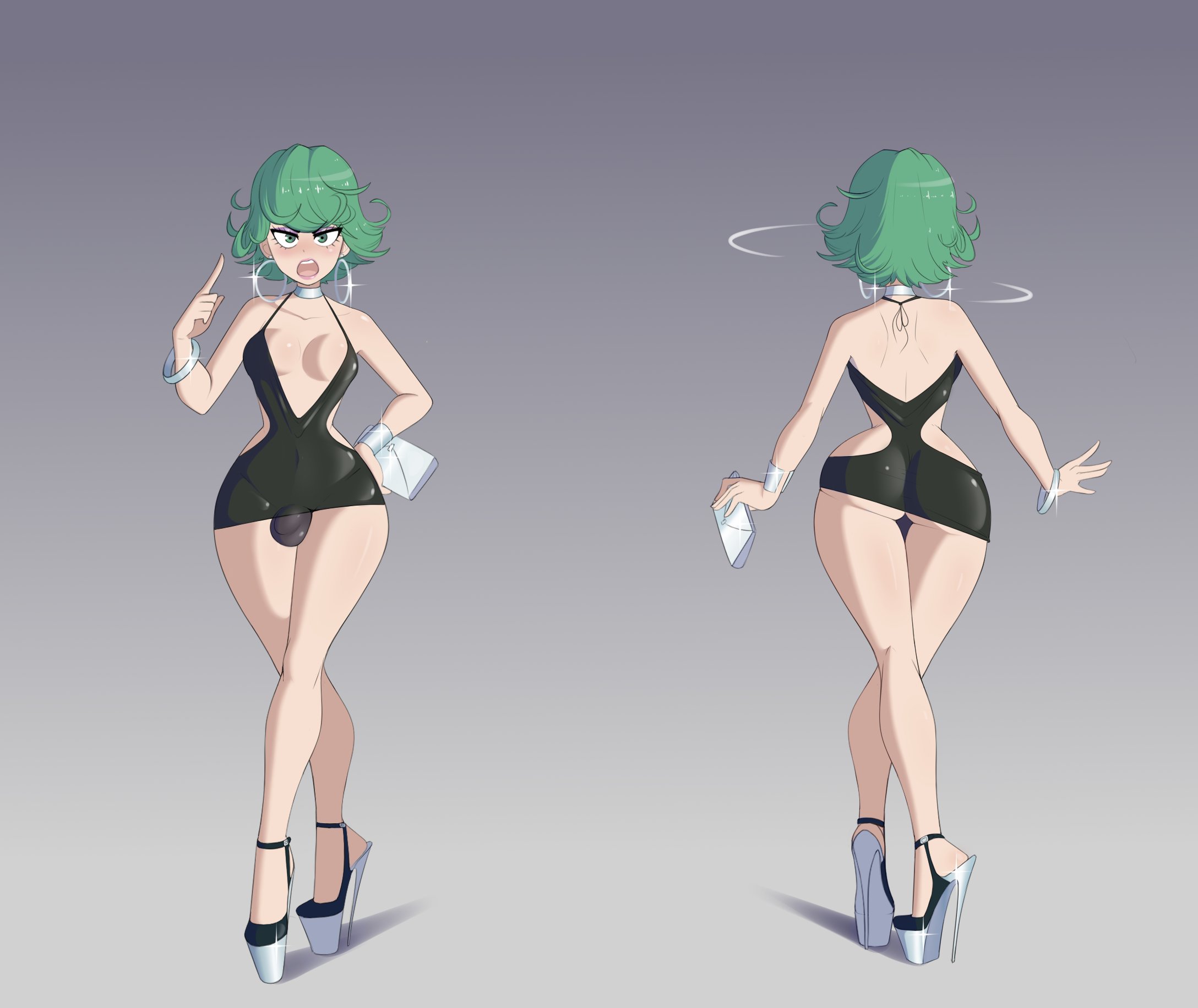 1futa, ass, back, back view, balls, bare shoulders, big ass, bimbo, breasts, bulge, clothed, clothing, dress, earrings, futa only, futanari, green hair, high heels, hoop earrings, hoop earrings oversized, human, intersex, light skin, light-skinned futa, looking at viewer, one-punch man, open mouth, pale skin, penis, platform heels, sealguy, solo, standing, stiletto heels, tatsumaki, thick thighs, thin waist, very high heels, wide hips