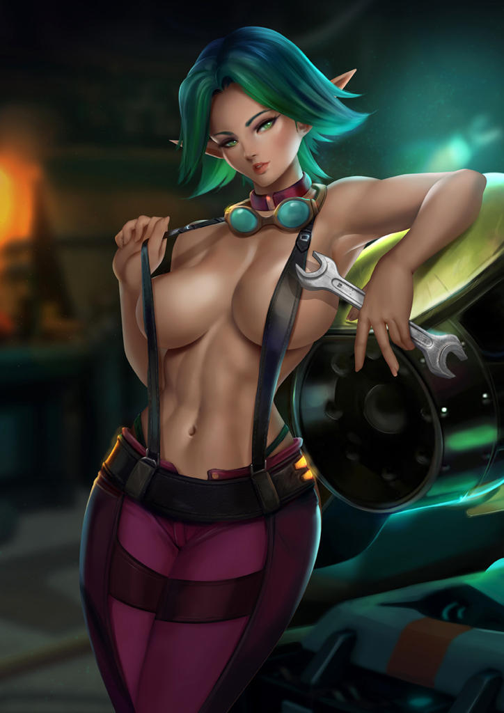 1girls abs bare_arms bare_breasts bare_midriff bare_shoulders big_breasts breasts busty chin_length_hair choker cleavage curves curvy curvy_body curvy_female curvy_figure curvy_hips detailed_background felox08 female female_focus female_only fit fit_female goggles goggles_around_neck green_eyes green_hair happy_female hips jak_and_daxter keira_hagai large_breasts midriff no_bra pants pointy_ears pulling_clothing purple_pants sole_female solo solo_female straps tagme toned toned_female tools topless wide_hips wrench