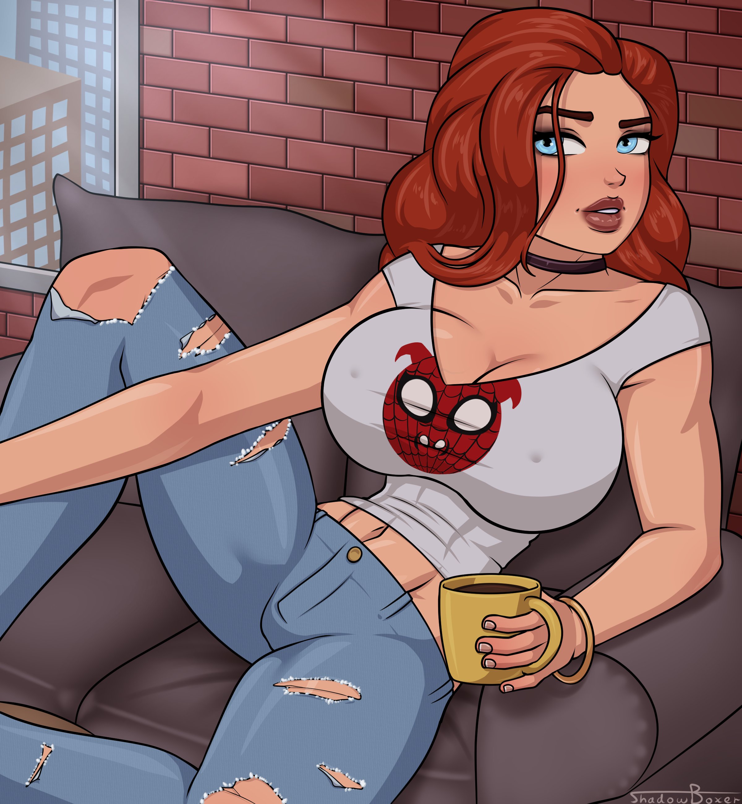 1girls, big breasts, breasts, female, female only, large breasts, marvel, marvel comics, mary jane watson, shadowboxer, solo, spider-man (series), spread legs