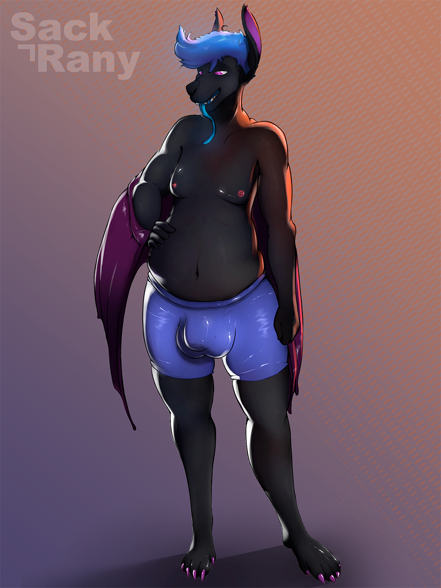 3:4 anthro bat_ears bat_wings black_body black_ears black_fur black_nose blind blue_briefs blue_clothing blue_hair blue_leggings blue_legwear blue_tongue breasts briefs bulge chiropteran claws clothed clothing feet fur glistening glistening_body glistening_clothing glistening_eyes glistening_hair glistening_skin hair hi_res leggings legwear long_tongue male mammal membrane_(anatomy) membranous_wings monotone_body navel nipples open_mouth pink_nipples purple_claws purple_eyes purple_inner_ear purple_inner_ear_fluff purple_wings sackrany signature simple_background slightly_chubby smile solo standing toe_claws tongue tongue_out topless underwear wings