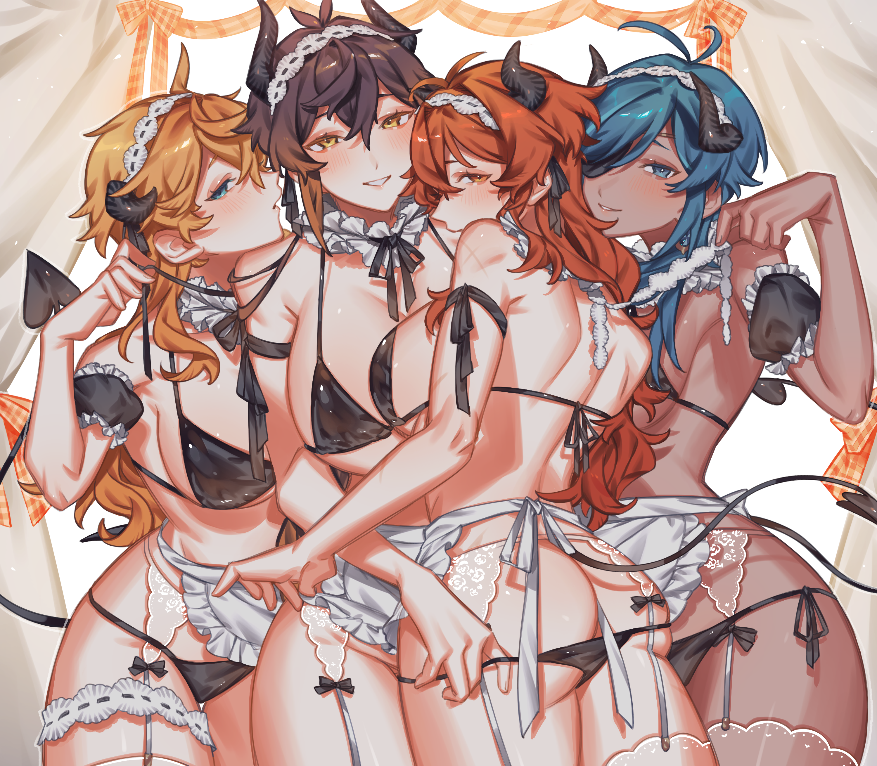 4girls, big breasts, bikini, blue eyes, blue hair, breasts, brown hair, childe (genshin impact), crow 3434, demon, demon girl, demon horns, demon tail, diluc (genshin impact), female, female kaeya, genderswap, genderswap (mtf), genshin impact, ginger, horns, kaeya (genshin impact), lace, lingerie, micro bikini, multiple females, multiple girls, orange hair, red eyes, red hair, revealing clothes, rule 63, tail, tartaglia (genshin impact), thick thighs, thighhighs, thighs, tight clothing, yellow eyes, zhongli (genshin impact), zhongli jiejie