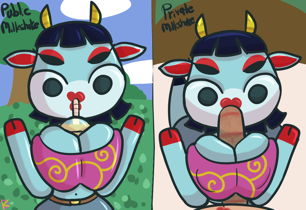 2021 animal_crossing between_breasts cow half-closed_eyes klutzatdusk lipstick lipstick_mark lipstick_on_penis naomi_(animal_crossing) nintendo paizuri paizuri_under_clothes suggestive suggestive_food