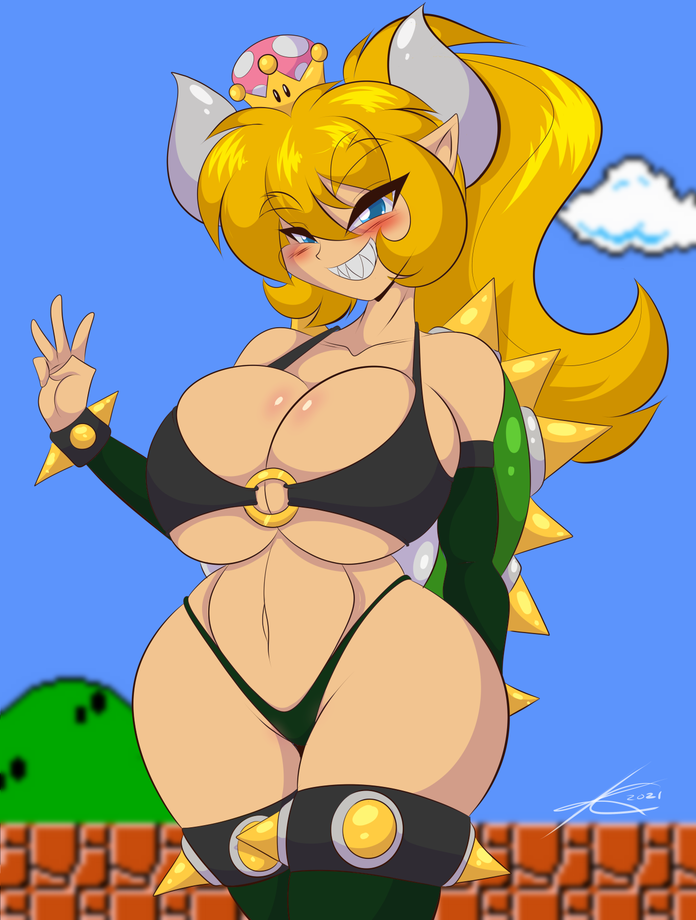 1girls, 2021, bikini, blonde hair, blue eyes, blush, bowsette, breasts, cleavage, female, female only, grin, huge breasts, kemono, large breasts, long hair, looking at viewer, mario (series), mastergodai, new super mario bros. u deluxe, nintendo, pointy ears, sharp teeth, skimpy, smile, solo, spiked bracelet, super crown, super mario bros., super mario bros. (nes), thick thighs, voluptuous, wide hips