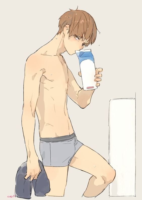 boxer_briefs brown_eyes brown_hair drinking_milk male_only milk pose shirabu_kenjirou skinny solo_male tagme underwear wet