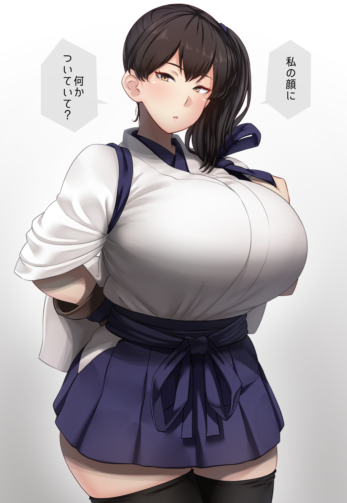 arms behind back, bangs, big breasts, black legwear, black thighhighs, breasts, brown hair, dialogue, female, female only, fully clothed, gloves, hakama, hakama skirt, huge breasts, japanese clothes, japanese text, kaga (kantai collection), kantai collection, looking at viewer, ponytail, ryuun (stiil), side ponytail, solo, text, thighhighs, translated, wide hips, zettai ryouiki
