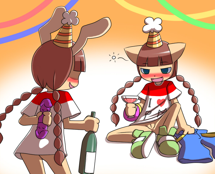 2girls alcohol anthro blunt_bangs blush bottomless braid brown_hair bunny dildo double_sided_dildo drunk eyebrows_visible_through_hair feline furry long_braid mimi_(pop'n_music) nollety nyami pants_removed party_hat pop'n_music shirt_only shows tan_fur twin_braids wine_bottle wine_glass yuri