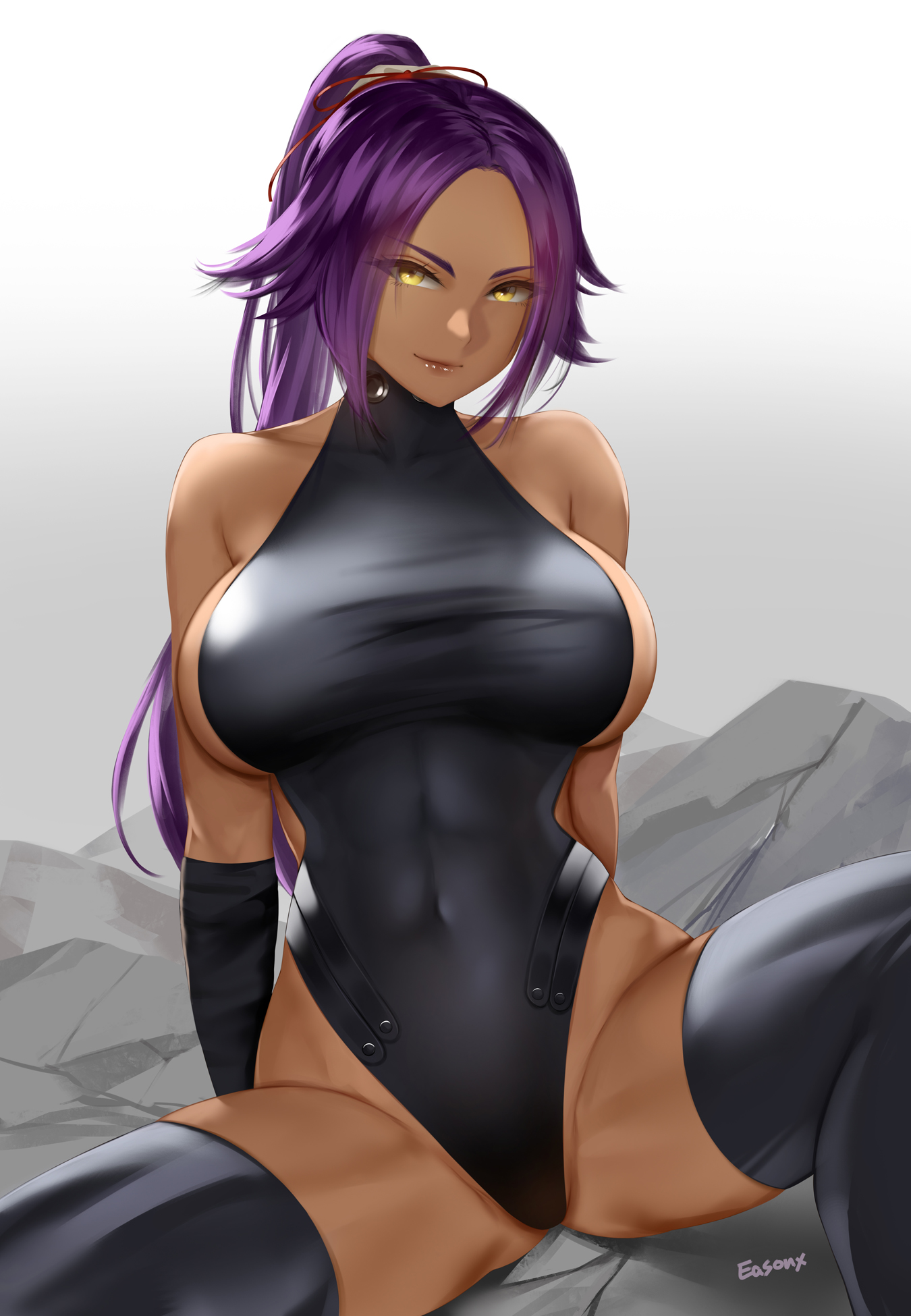 1girls, big breasts, bleach, breasts, dark skin, dark-skinned female, easonx, female, female only, large breasts, looking at viewer, shihouin yoruichi, solo, spread legs