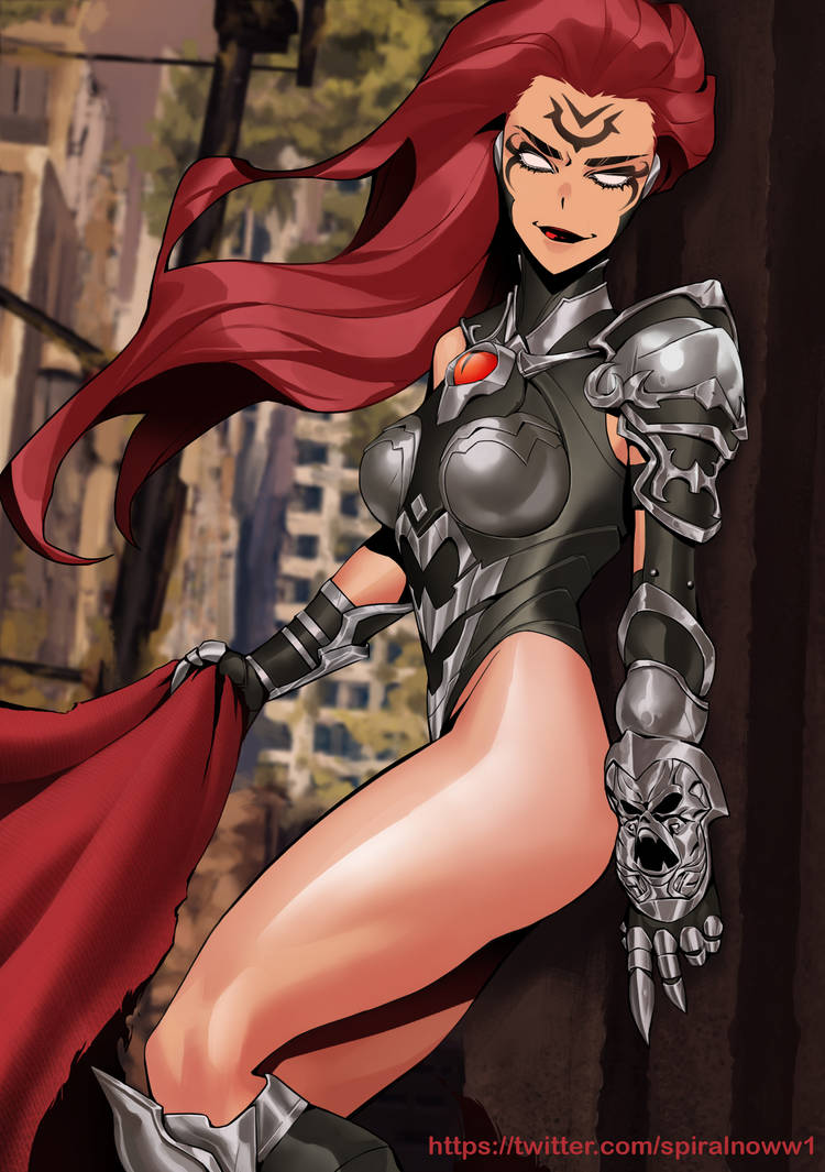 1girls armor bare_legs bare_thighs bottomless cleft_of_venus darksiders darksiders_3 detailed_background facing_viewer female female_only flowing_hair fury_(darksiders) gauntlets glowing_eyes hips inner_sideboob inner_thighs lipstick looking_at_viewer magenta_hair markings red_hair side_view sideboob smile smiling smirk smirking sole_female solo solo_focus standing tagme tattoo tattoos white_eyes wide_hips