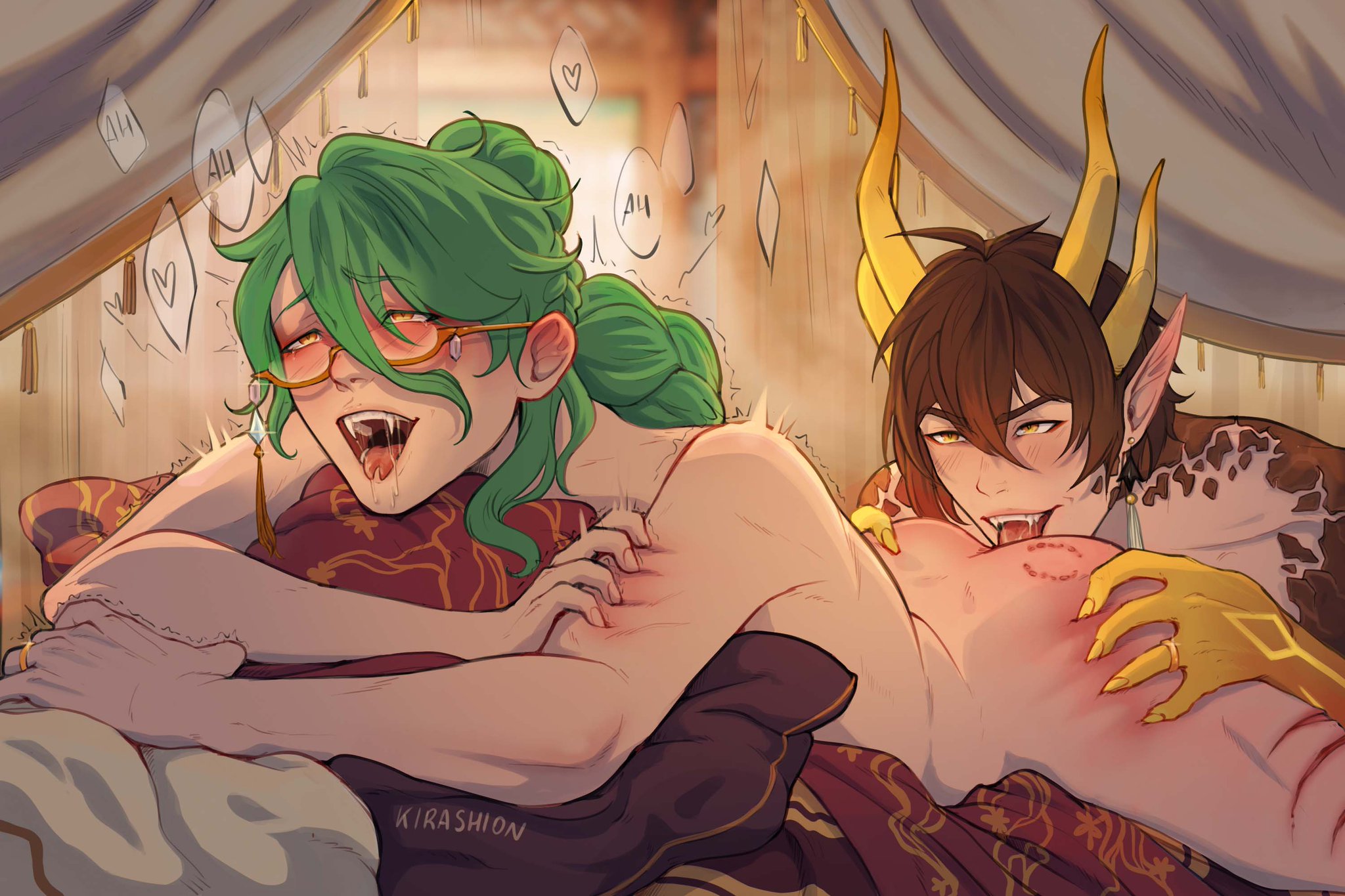 2boys, anilingus, ass, ass grab, ass lick, baizhu (genshin impact), bishonen, bite mark, brown hair, completely nude, demon, gay, genshin impact, glasses, green hair, hand on ass, horns, incubus, kirashion, licking, licking ass, lying on stomach, male, male only, male/male, moaning, nude, nude male, on stomach, pillow, pleasure face, rimjob, rimming, saliva, saliva on tongue, scratches, tongue, tongue out, yaoi, zhongli (genshin impact)