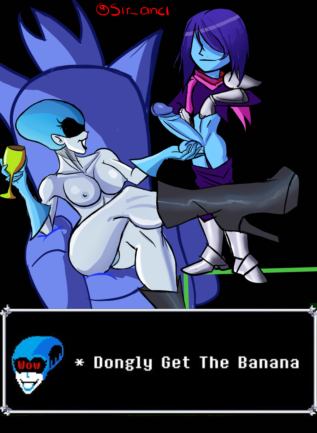 1boy 1girls armored_boots black_boots blue_body blue_gloves blue_skin boobs boots breasts deltarune deltarune_chapter_2 female fondling fondling_balls gloves goblet hand_on_balls handjob heel_boots heels kris_(deltarune) kris_get_the_banana male masturbating medium_breasts milf nipples penis penis_out queen_(deltarune) robot robot_girl sir_anci smile tits watermark white_body