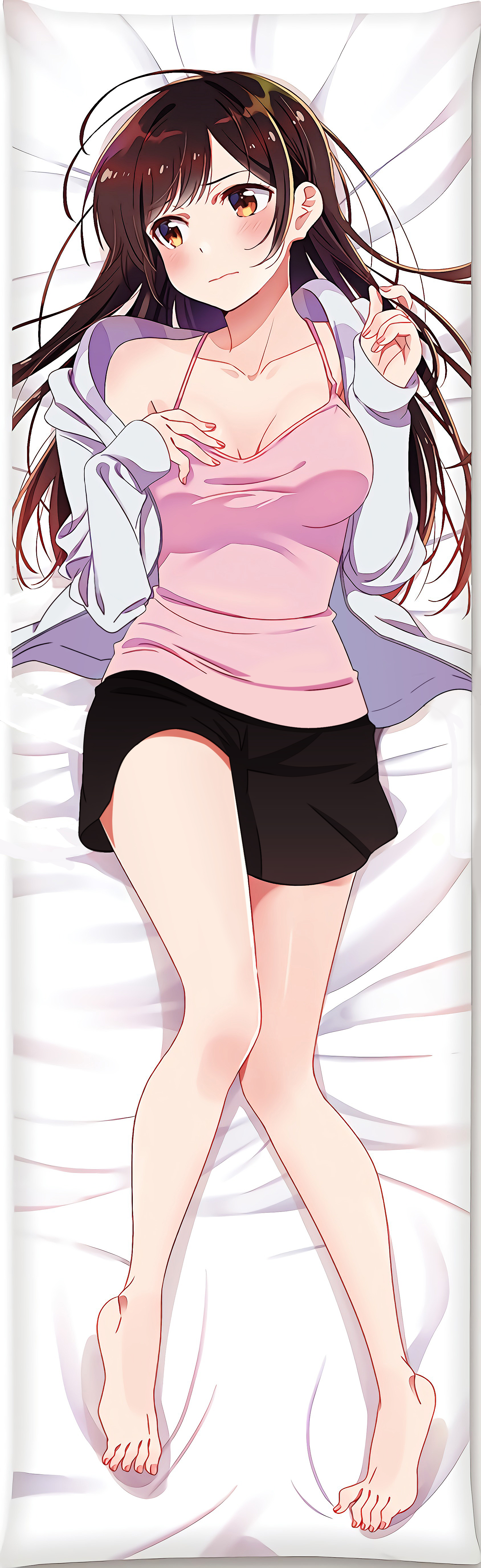 barefoot, black pants, breasts, brown hair, dakimakura, feet, female, high resolution, jacket, kanojo okarishimasu, large breasts, long hair, long image, mizuhara chizuru, official art, pants, solo, tagme, tall image, very high resolution