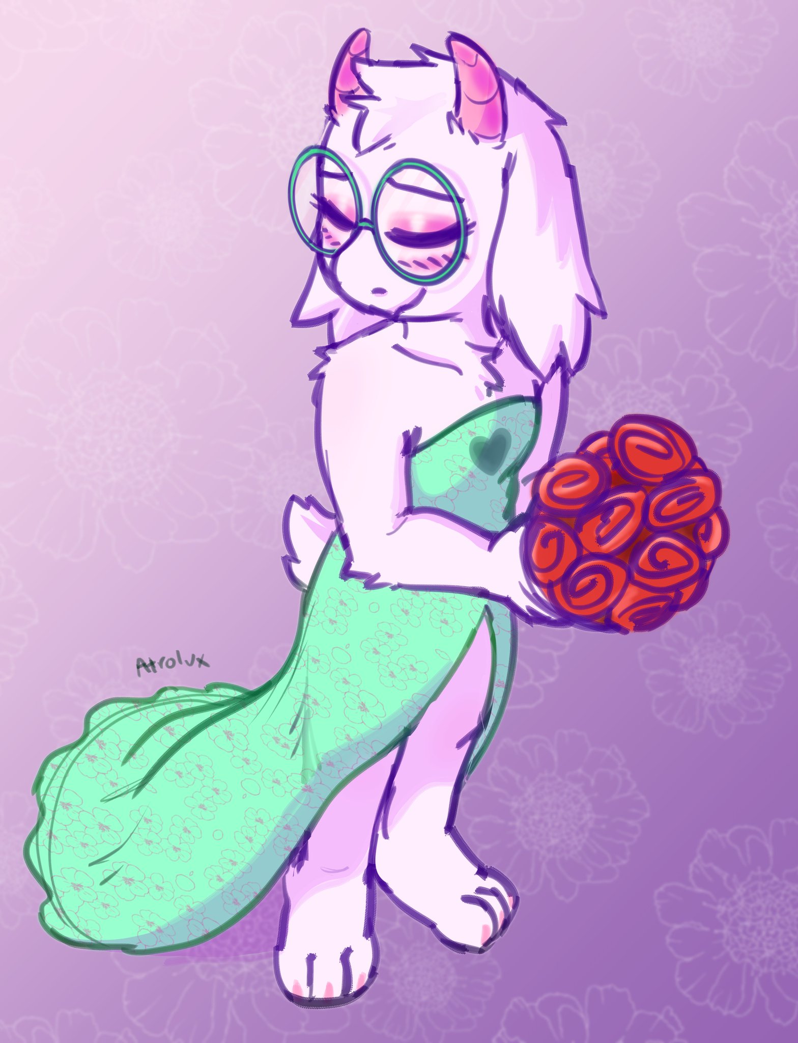 1boy, 2d, anthro, anthro male, anthro only, atrolux, blush, blushing, bouquet, caprine, cute, deltarune, dress, femboy, flowers, fur, furry, furry male, furry only, glasses, goat, humanoid, humanoid male, humanoid only, male, male only, mammal, mammal humanoid, no humans, ralsei, solo, tagme, undertale (series), white fur