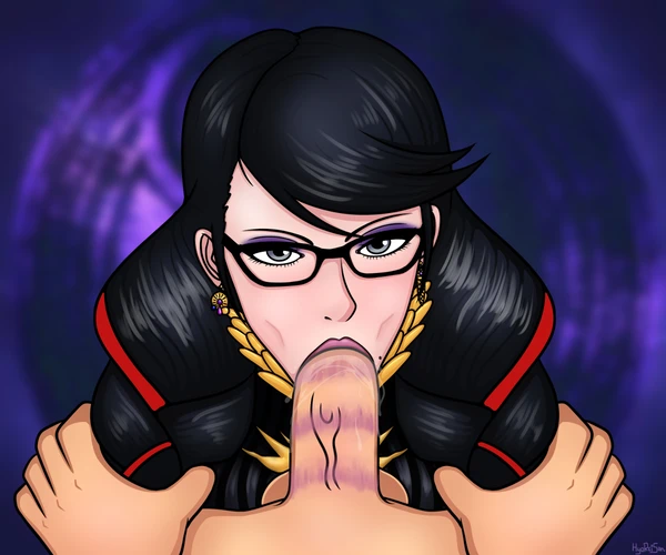 bayonetta bayonetta_(character) bayonetta_3 blue_eyes braided_twintails deepthroat deepthroat_mark eye_contact faceless_male fellatio glasses handlebars hands_on_hair hyoreisan lipstick lipstick_mark lipstick_on_penis oral pov pulling_hair pulling_twintails twintails