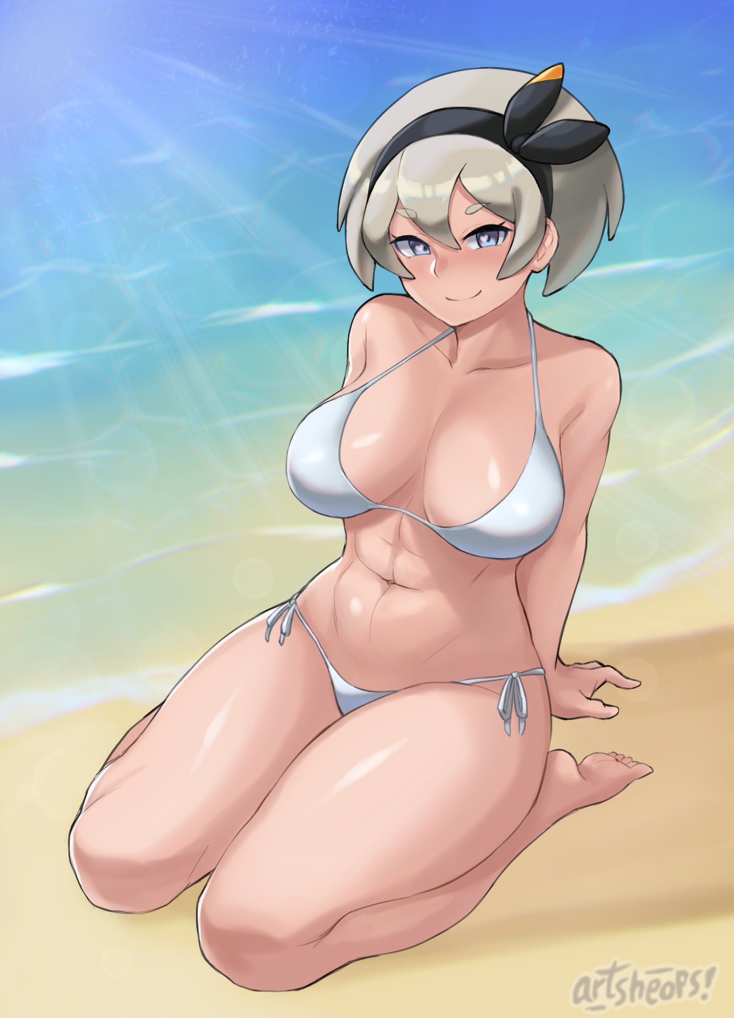 1girls abs artist_name artist_signature artsheops barefoot bea_(pokemon) beach big_breasts bikini blue_eyes breasts eyebrows eyebrows_visible_through_hair female female_only grey_hair hairband heart kneeling looking_at_viewer muscle muscular_female nintendo pokemon pokemon_ss sand seaside short_hair smile sunlight thick_eyebrows thick_thighs thighs white_bikini