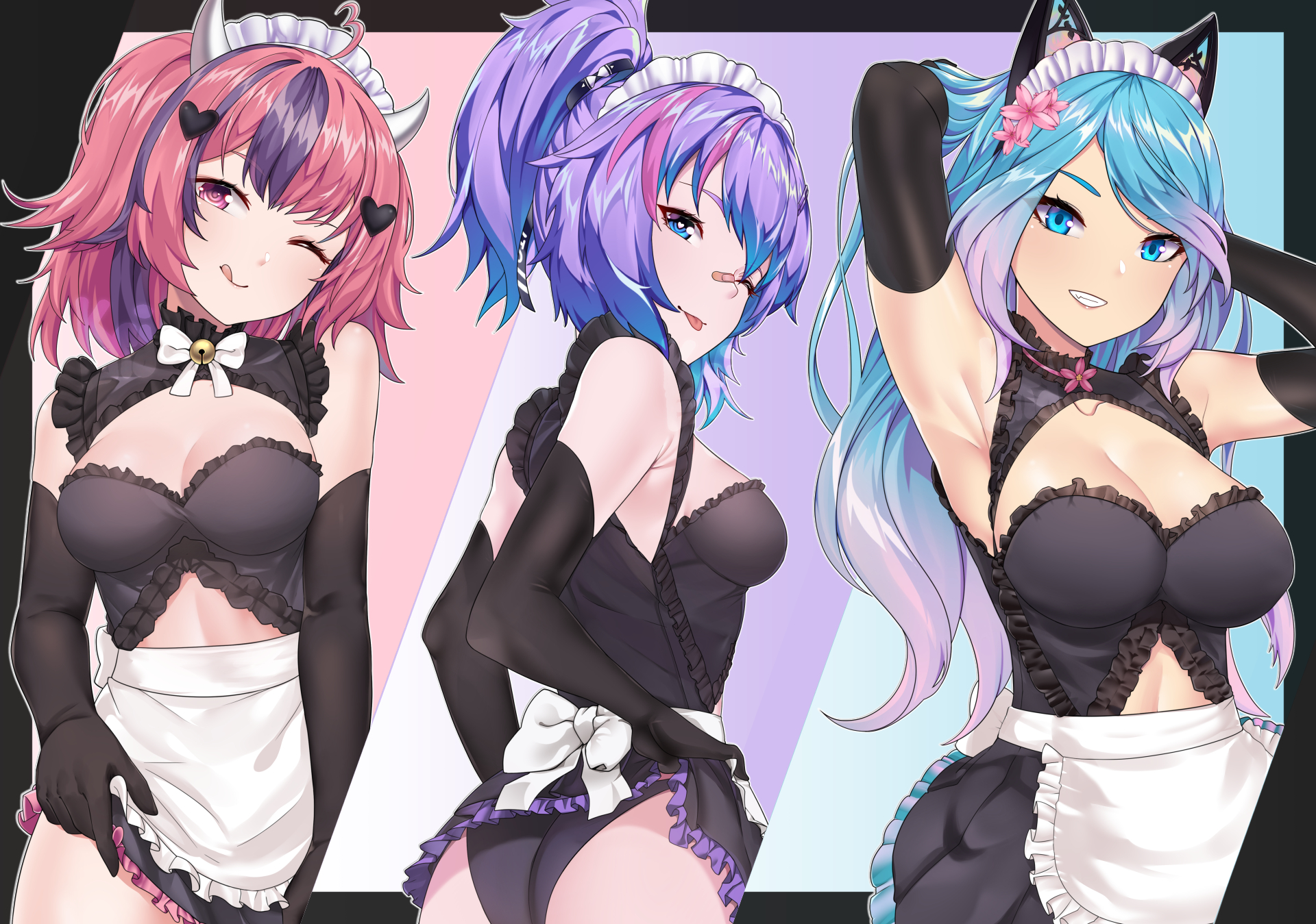 3girls, breasts, female, ironmouse, ironmouse (1st costume), long gloves, maid, maid headdress, maid uniform, melody (projektmelody), presenting, presenting hindquarters, projektmelody, silvervale, tagme, trio, virtual youtuber, vshojo