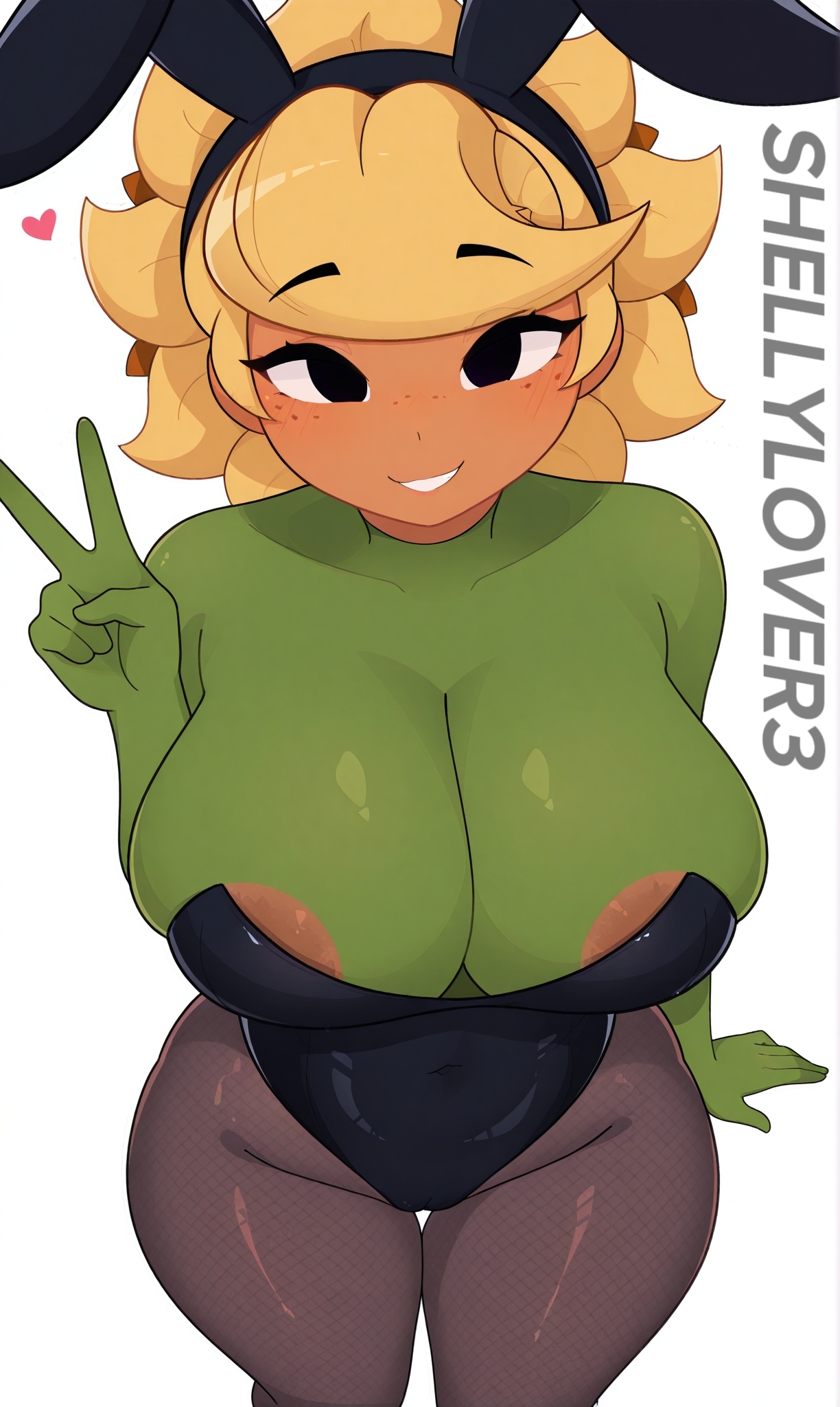 1girls, ai generated, big breasts, bunny ears, bunnysuit, nipples, pantyhose, plants vs zombies, pussy, solar flare (pvz), thick thighs, v sign, v-sign