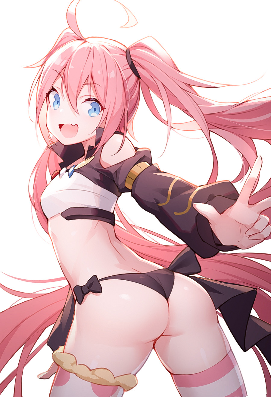 1girls, adult, ahoge, ass, ass focus, blue eyes, breasts, female, milim nava, pink hair, quan , revealing clothes, simple background, small breasts, solo, tensei shitara slime datta ken, thick ass, thick thighs, thighhighs, thighs, tight clothing, twintails, white background
