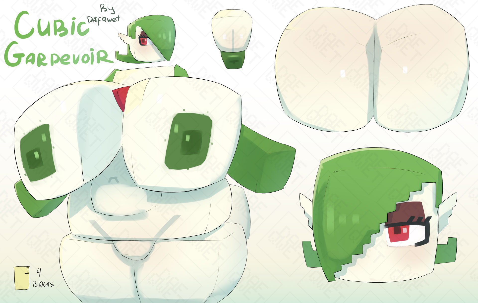 1girls, areolae, ass, breasts, cube, cube head, cubic breasts, dafqwet, english tex, eyelashes, fat ass, female, gardevoir, gigantic breasts, green areola, green hair, green nipples, massive areolae, massive ass, massive breasts, minecraft, pokemon, pokemon (species), pokemon rse, red eyes, reference image, text, white boy, wide hipped female, wide hips