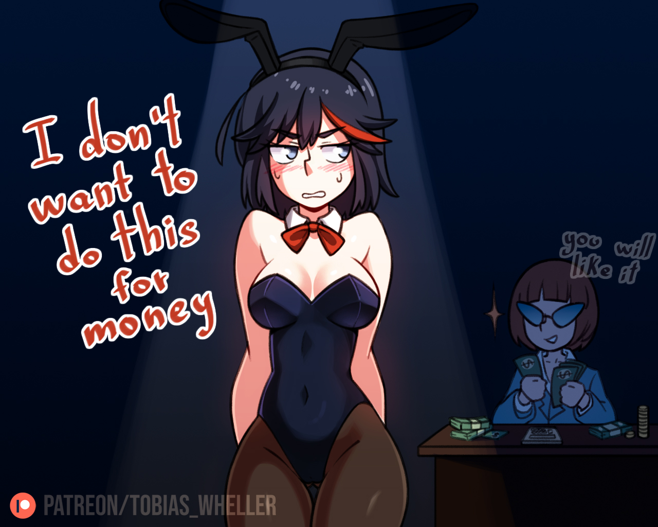 2girls, bare shoulders, black hair, blue eyes, blush, bob cut, bowtie, breasts, brown hair, bunny ears, bunnysuit, cleavage, clothed, dialogue, embarrassed, female, female focus, female only, kill la kill, mankanshoku mako, matoi ryuuko, money, multiple females, multiple girls, pantyhose, prostitution, red highlights, short hair, smile, studio trigger, sweatdrop, text, thigh gap, tobias wheller, two-tone hair