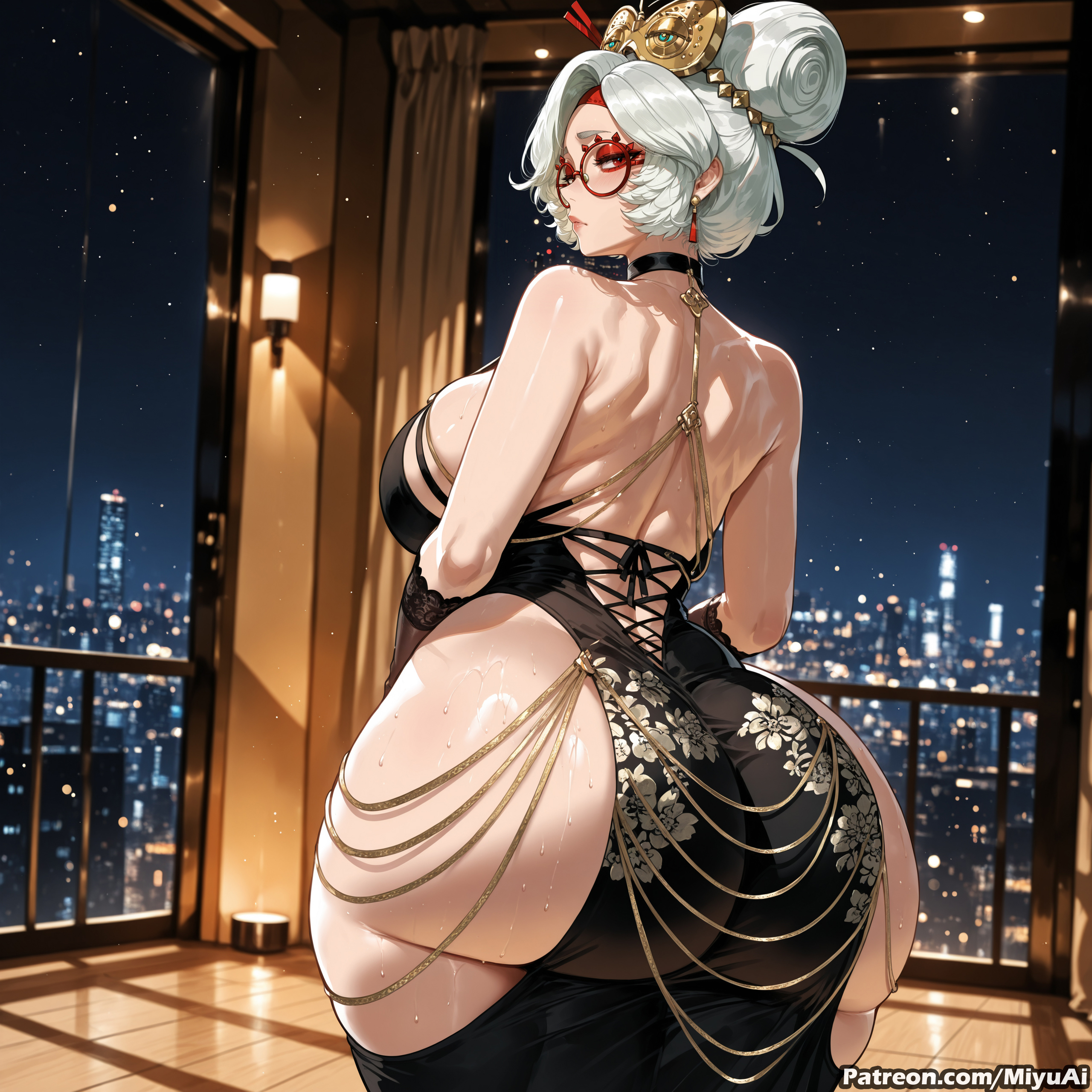 1girl, ai assisted, ai generated, ass, bare shoulders, black legwear, breasts, city lights, cityscape, collar, curvaceous, curvy, curvy female, curvy figure, dress, female, from behind, glasses, hair bun, huge ass, jewelry, large breasts, lips, looking at viewer, looking back, mature female, milf, miyuai, mole under mouth, night, night sky, purah, red eyes, shooting star, short hair, silver hair, sky, solo, star (sky), starry sky, the legend of zelda, thick, thick ass, thick butt, thick hips, thick legs, thick thighs, voluptuous, voluptuous female, wide hips, wide thighs