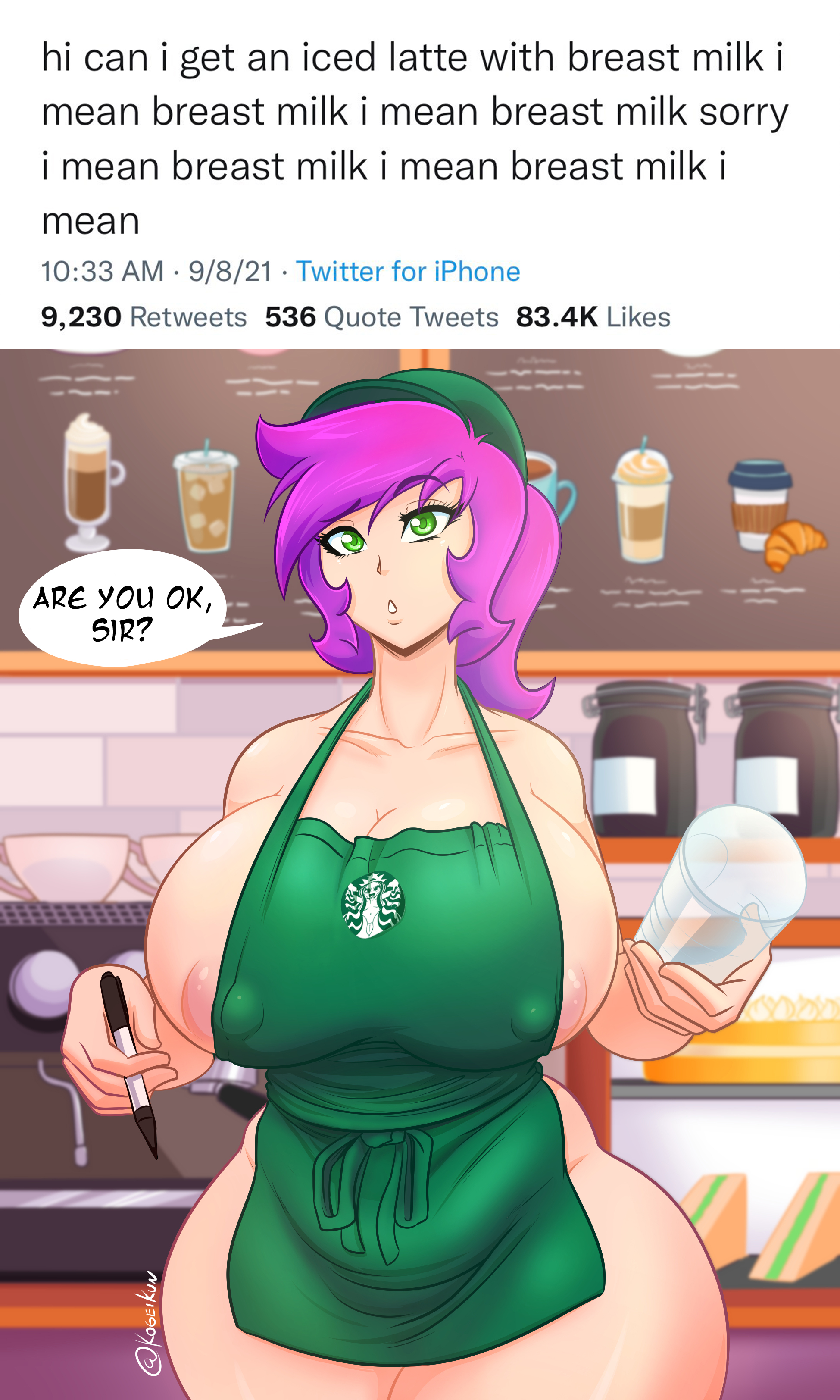 1girls, apron, areolae, barista, big breasts, breasts, cap, cleavage, clothing, english text, fast food, female, female only, green eyes, hourglass figure, human, hyper, hyper breasts, iced latte with breast milk, kogeikun, light skin, light-skinned female, looking at viewer, meme, naked apron, nipple bulge, nipple slip, outerwear, pen, ponytail, purple hair, social media, speech bubble, starbucks, text, thick thighs, twitter, uniform, waitress, wendolin, wide hips