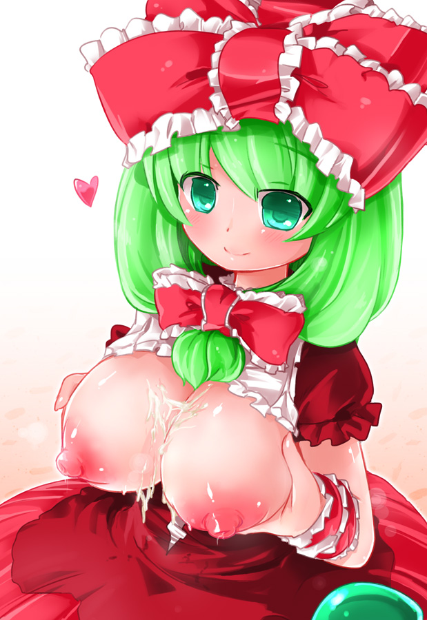 akihara_nakuru blush bow breasts breasts_out cum cum_on_breasts erect_nipples female green_eyes green_hair kagiyama_hina large_breasts smile solo touhou