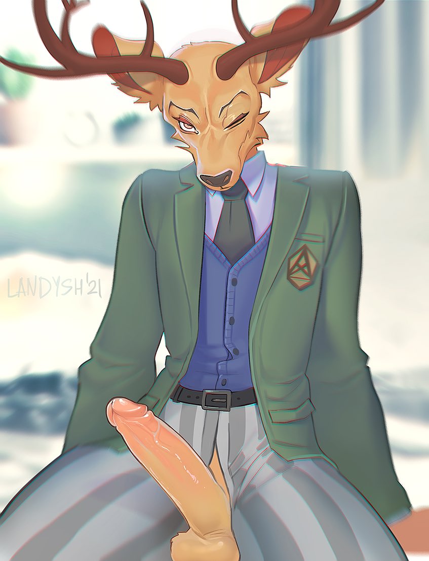 2021 anthro antlers artist_name balls beastars belt big_penis bottomwear brown_eyes cervid clothed clothing dated digital_media_(artwork) dress_shirt erection eyebrows fur genitals horn humanoid_genitalia humanoid_penis jacket landysh looking_at_viewer louis_(beastars) male mammal necktie one_eye_closed open_clothing open_jacket open_topwear pants penis poking_out shaded shirt sitting solo tan_body tan_fur topwear tuft vein vest