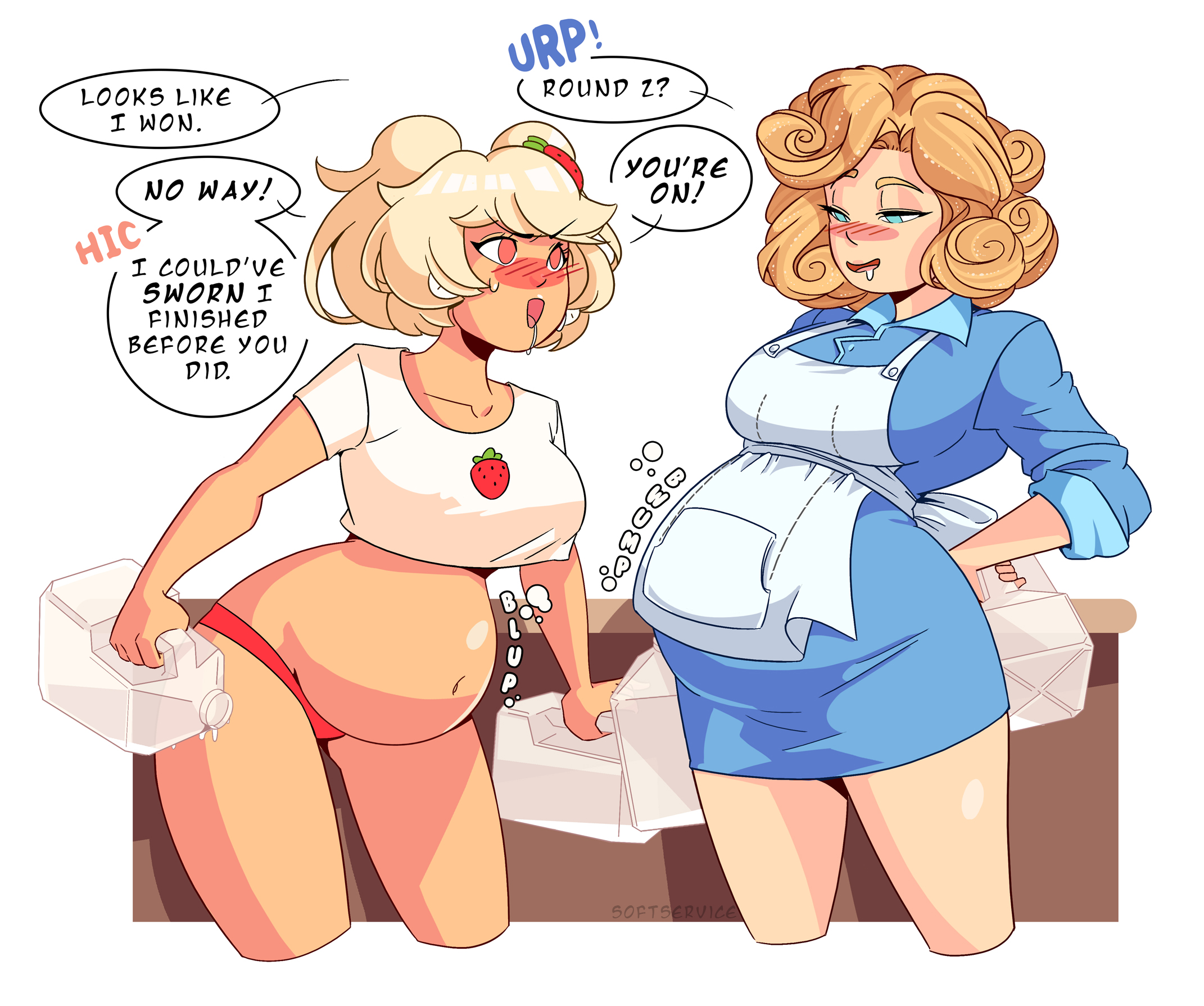 2020, 2girls, belly expansion, belly stuffing, big belly, bloated belly, cinna (dinobee), commission, female only, huge belly, oatmeal (lewdlemage), softservice, stuffed belly, tagme