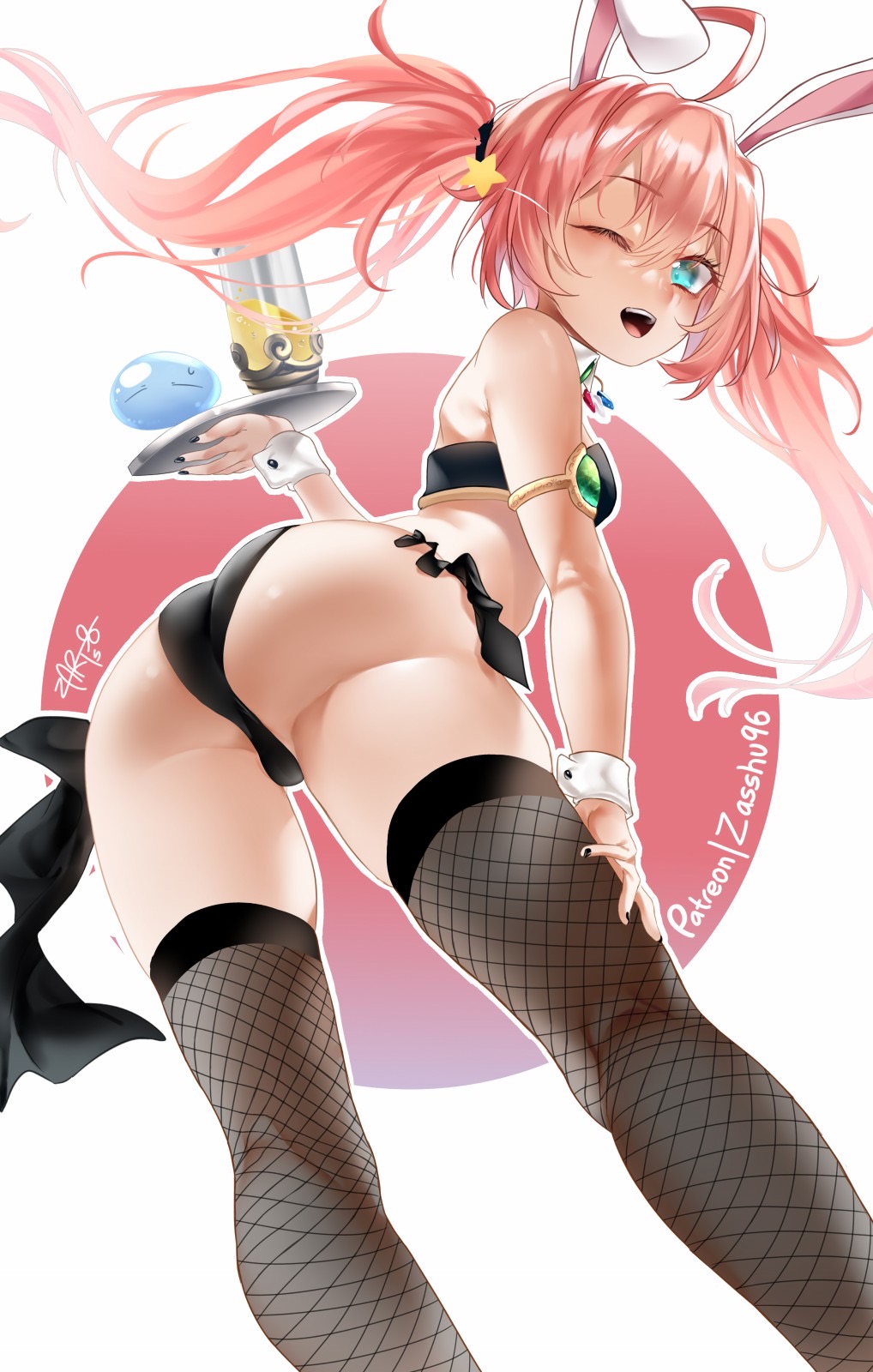 1girls, adult, ass, blue eyes, blush, bunny ears, bunny girl, bunnysuit, female, fishnets, lingerie, milim nava, panties, pink hair, rimuru tempest, tensei shitara slime datta ken, thick ass, thick thighs, thighhighs, thighs, twintails, wink, zasshu96