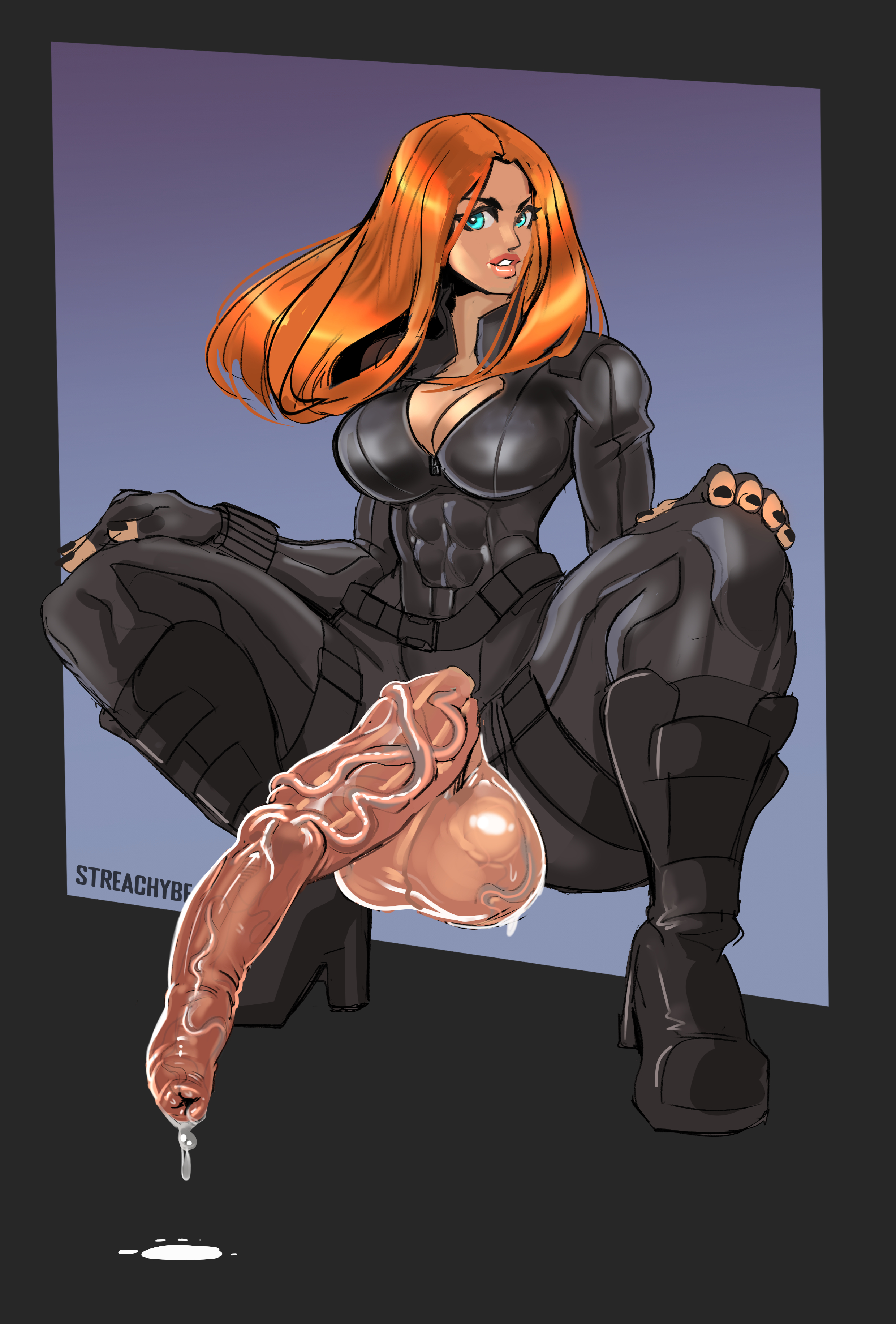 1futa, balls, big breasts, big penis, black widow (marvel), breasts, cleavage, clothed, clothing, cum, erection, excessive foreskin, foreskin, futa only, futanari, huge balls, human, intersex, light skin, light-skinned futa, long foreskin, marvel, marvel comics, mostly clothed, natasha romanoff, oversized balls, pale skin, penis, precum, solo, squatting, streachybear, testicles, thighhighs, uncircumcised, uncut, unretracted foreskin