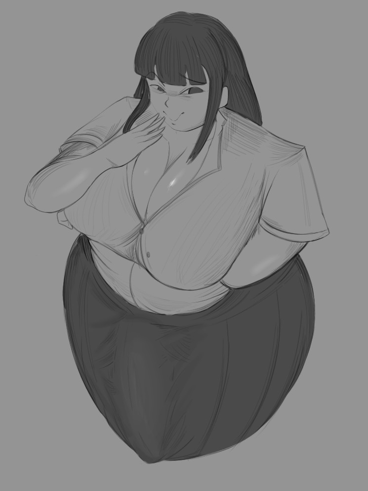 1futa 1girls alternate_body_type alternate_breast_size big_ass big_breasts black_hair bulge bulge_through_clothing flaccid futanari huge_breasts huge_penis monochrome monoe skirt smug thick_hips yume_nikki