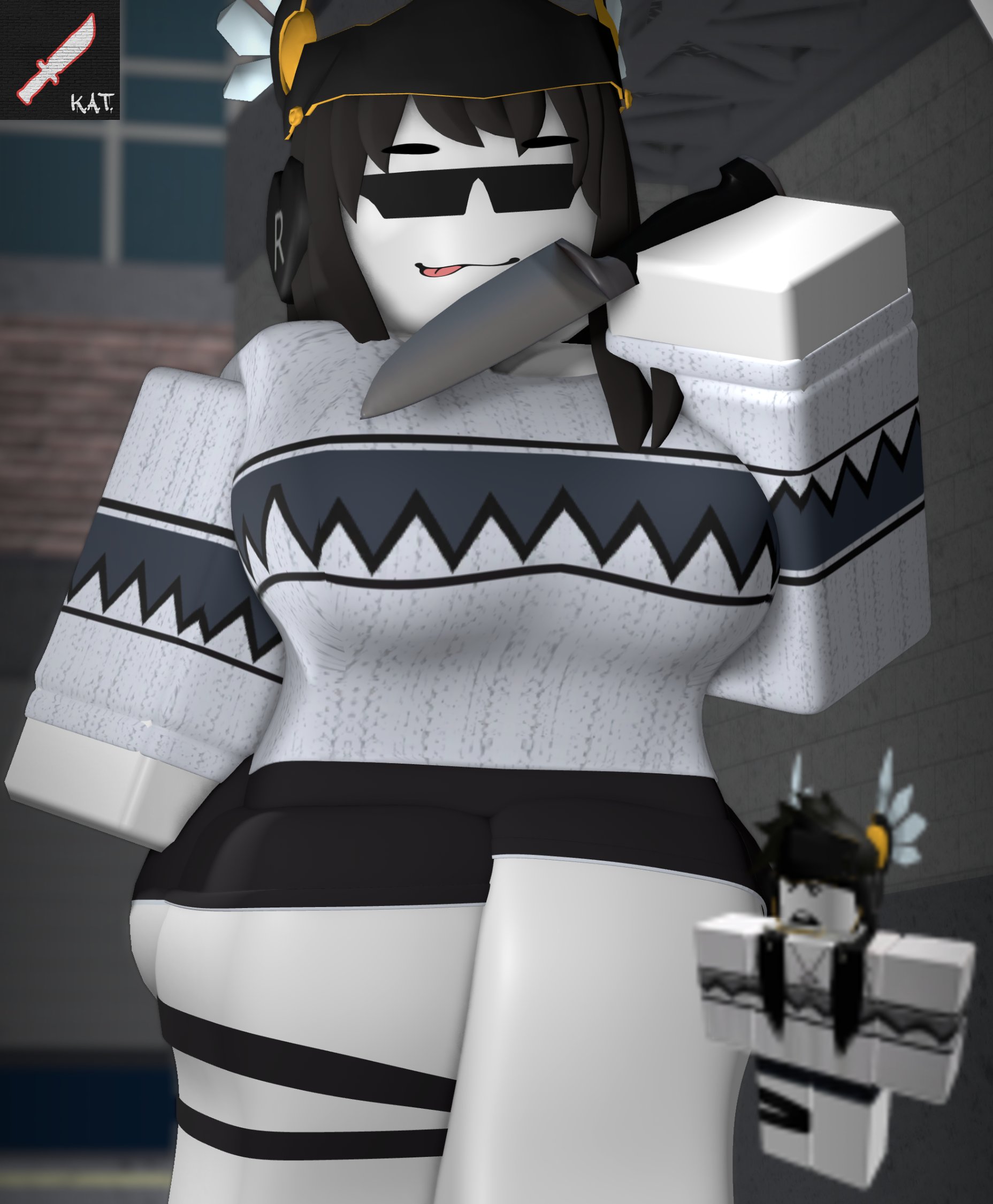 1girls, 2025, 3d, alternate costume, ass, bandage, bandage on leg, bandaged leg, bandages, bangs, big ass, black bandages, black hair, black headphones, black shorts, blackvalk, cleavage, clothed, clothed female, clothing, eyebrows, female, female only, fierzaa, headphones, holding knife, holding weapon, knife, knife ability test, long hair, long sleeves, looking at viewer, outdoors, pinkishpinkas, reference image, roblox, roblox avatar, roblox developer, roblox game, robloxian, short shorts, shorts, sleeves, smile, solo, standing, sunglasses, sweater, thick thighs, thighs, tongue, tongue out, valkyrie helm, white skin, white sleeves, white sweater, white-skinned female