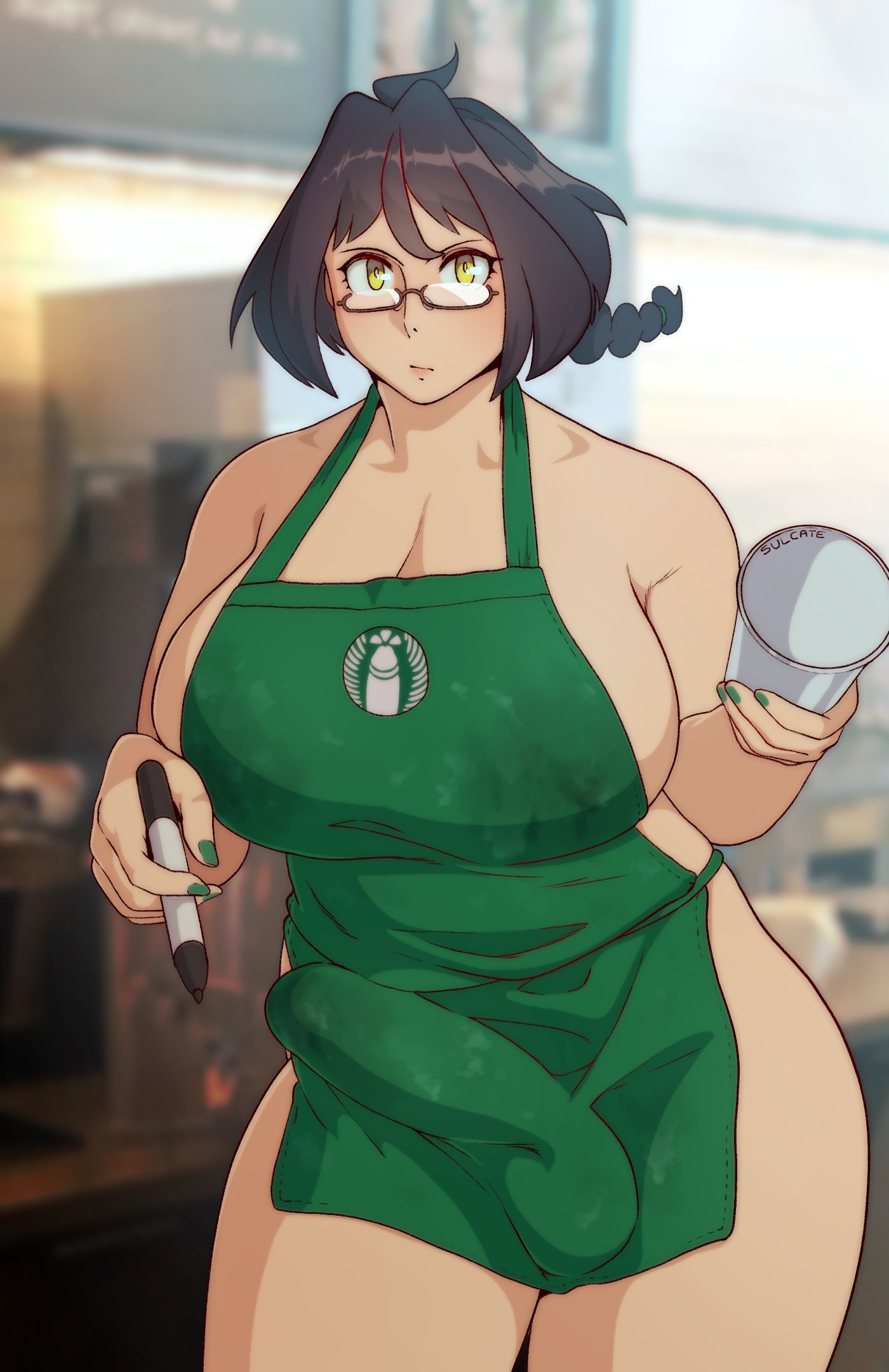 1futa, apron, barista, big penis, breasts, bulge, cleavage, clothed, clothing, cup, erection, erection under clothes, futa only, futanari, glasses, half-erect, huge breasts, human, iced latte with breast milk, iced latte with dick milk, intersex, light skin, light-skinned futa, looking at viewer, meme, naked apron, pale skin, partially clothed, penis, penis under clothes, sideboob, solo, standing, starbucks, sulcate, thick thighs, wide hips