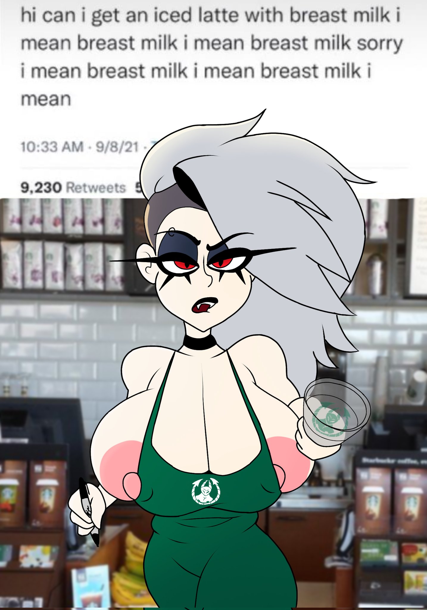 1girls, anthro, apron only, big breasts, breasts, busty, english text, female, female focus, female only, helluva boss, hourglass figure, human, human loona, iced latte with breast milk, large breasts, looking at viewer, loona (helluva boss), meme, nipple slip, solo, starbucks, tagme, text, underground (artist), waitress, waitress uniform, wide hips