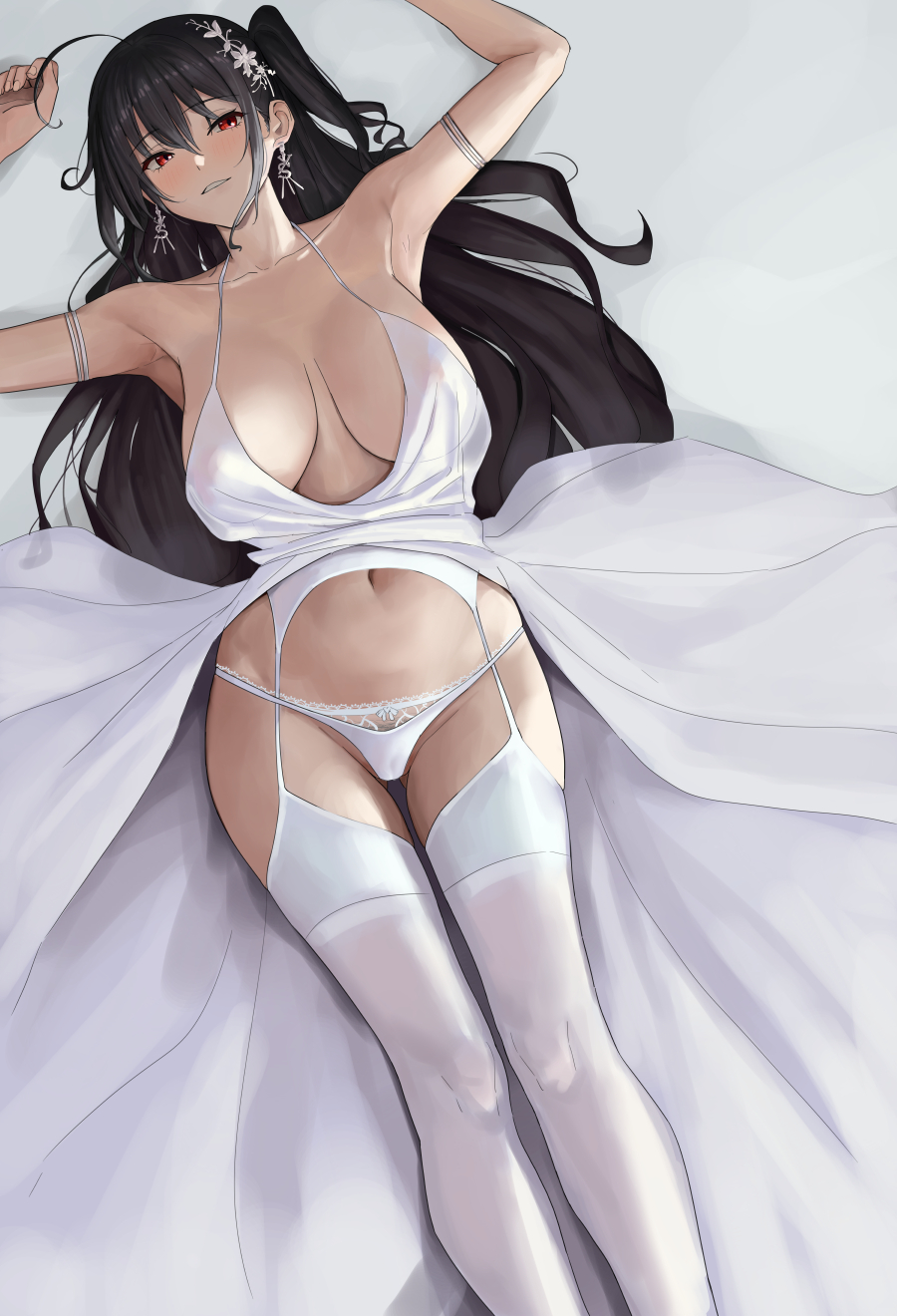 1girls armpits azur_lane bangs black_hair blush breasts chela77 dress earrings eyebrows_visible_through_hair female female_only garter_belt garter_straps hair_ornament large_breasts light-skinned_female light_skin long_hair navel on_back pubic_hair red_eyes revealing_clothes sakura_empire_(azur_lane) sidelocks solo taihou_(azur_lane) taihou_(temptation_on_the_sea_breeze)_(azur_lane) thong_panties white_dress white_underwear