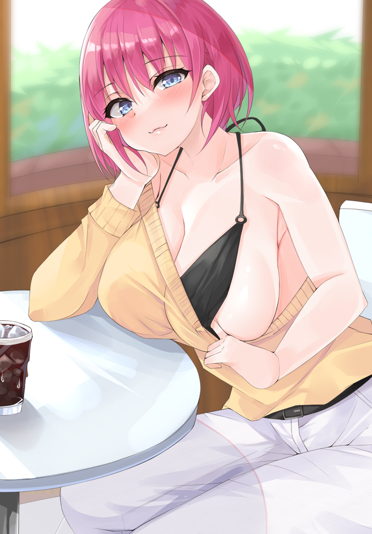 :3, 1girls, 2021, big breasts, bikini, bikini top, bikini top aside, black bikini, black bikini top, blue eyes, breasts, cleavage, clothed, clothed female, collarbone, cute, eyebrows, eyebrows visible through hair, female, female focus, female only, go-toubun no hanayome, jeans, looking at viewer, micosivaa, nakano ichika, pants, seducing, seductive, seductive look, showing, showing breasts, sitting, sitting on chair, solo, solo female, solo focus