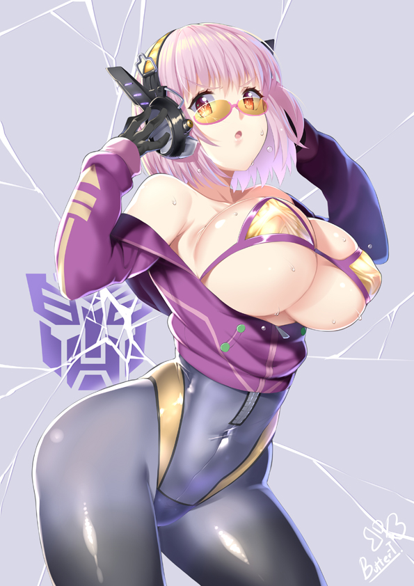 1girls 2018 artist_name autobot bare_shoulders bikini black_gloves bodysuit breasts butter-t covered_navel covered_nipples emblem female female_focus female_only glasses gloves gridman_universe headphones large_breasts light_purple_hair looking_at_viewer looking_over_eyewear looking_over_glasses looking_over_sunglasses off_shoulder open_mouth optimus_prime_(shattered_glass) photoshop_(medium) red_eyes shinjou_akane short_hair signature simple_background skindentation solo solo_female solo_focus ssss.gridman sunglasses swimsuit tinted_eyewear transformers yellow-tinted_eyewear yellow_bikini zipper