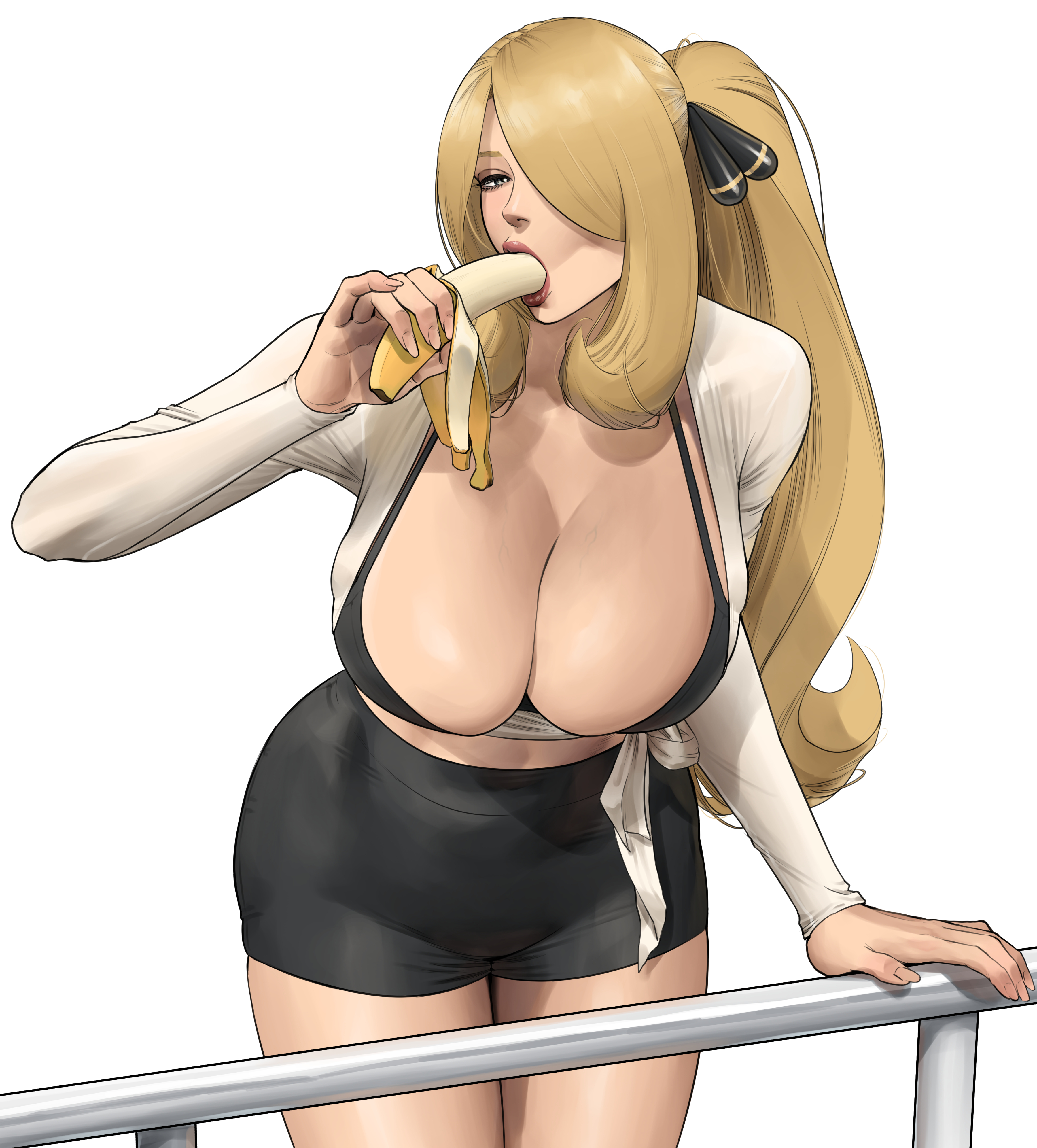 1girls, banana, barely contained, barely contained breasts, big ass, big breasts, blonde, blonde hair, blonde-haired female, booty shorts, bra, breasts, bursting out of clothing, busty, busty female, cleavage, cleavage overflow, clothes, clothing, cynthia (pokemon), female, female human, female only, hair ornament, hips, huge breasts, light skin, light-skinned female, long hair, looking at viewer, pokemon, pokemon dppt, ponytail, revealing clothes, seductive look, seductive pose, shorts, solo, sucking, sucking banana, suggestive, teasing, thick, thick thighs, thighs, tied hair, tight clothing, tight fit, wasabishouyu, wide hips