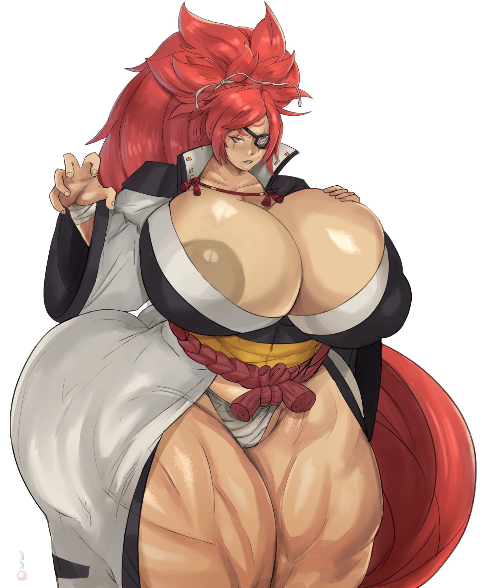 areola slip, baiken, big ass, big breasts, guilty gear, guilty gear strive, muscle mommy, onichandd5, pink hair, simple background, tagme, white background