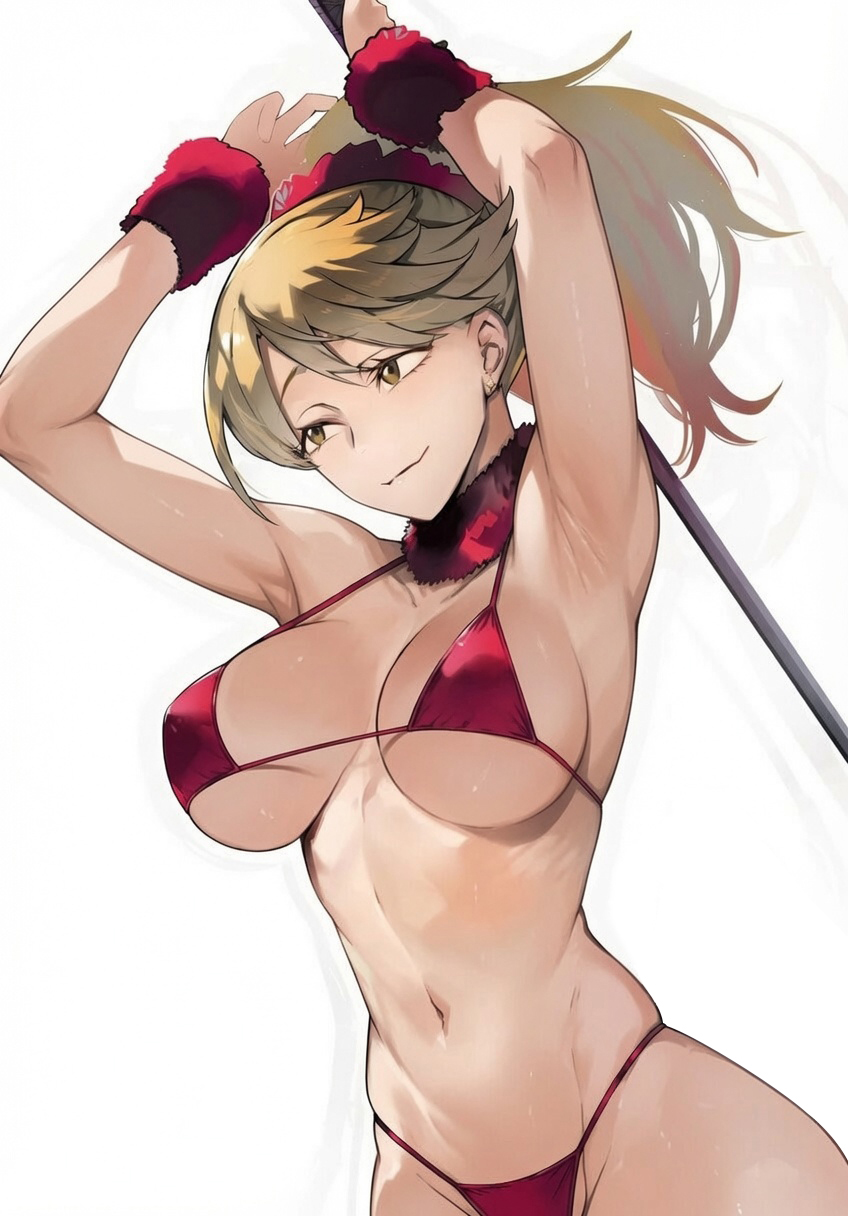 1girl, 1girls, artist request, bare shoulders, bikini, bleach, blonde hair, breasts, brown eyes, closed mouth, collarbone, earrings, edit, female focus, highres, holding, holding sword, holding weapon, hourglass figure, human, human female, large breasts, light-skinned female, micro bikini, naru jurinna, navel, open clothes, ponytail, red bikini, scrunchie, shihakusho, simple background, slim waist, smile, solo, solo focus, source request, stomach, swimsuit, sword, tagme, third-party edit, upper body, weapon, white background, wide hips, wide sleeves, zanpakutou