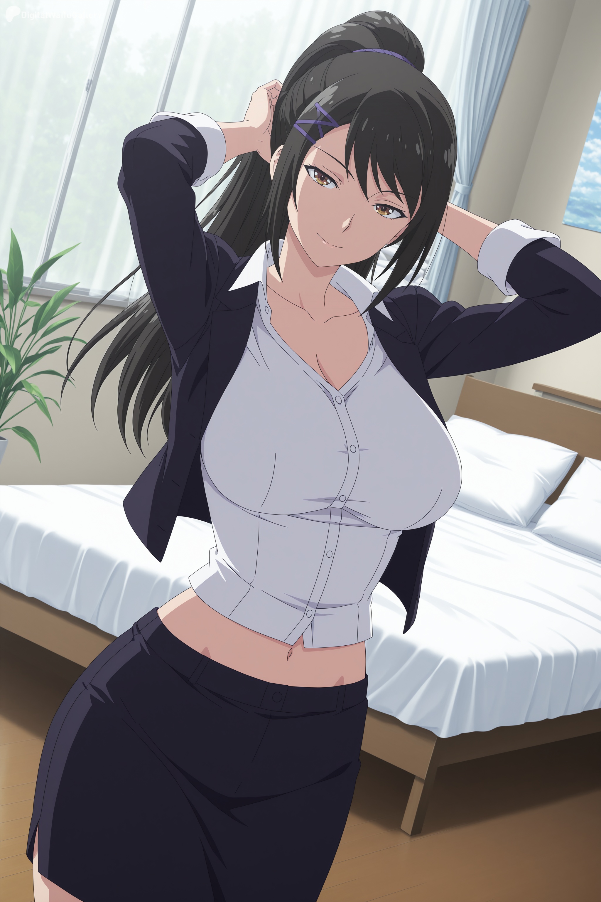 1girl, adjusting hair, ai generated, arms up, bed, black hair, black jacket, black skirt, breasts, brown eyes, chabashira sae, classroom of the elite, cleavage, collarbone, collared shirt, curtains, digitalwaifugallery, hair ornament, hairclip, hi res, high quality, high resolution, indoors, jacket, large breasts, long hair, looking at viewer, midriff, navel, office lady, patreon, pencil skirt, pillow, ponytail, seductive, sexy, shirt, skirt, smile, solo, standing, teacher, teacher female, uncensored, watermark, white shirt, window, x hair ornament