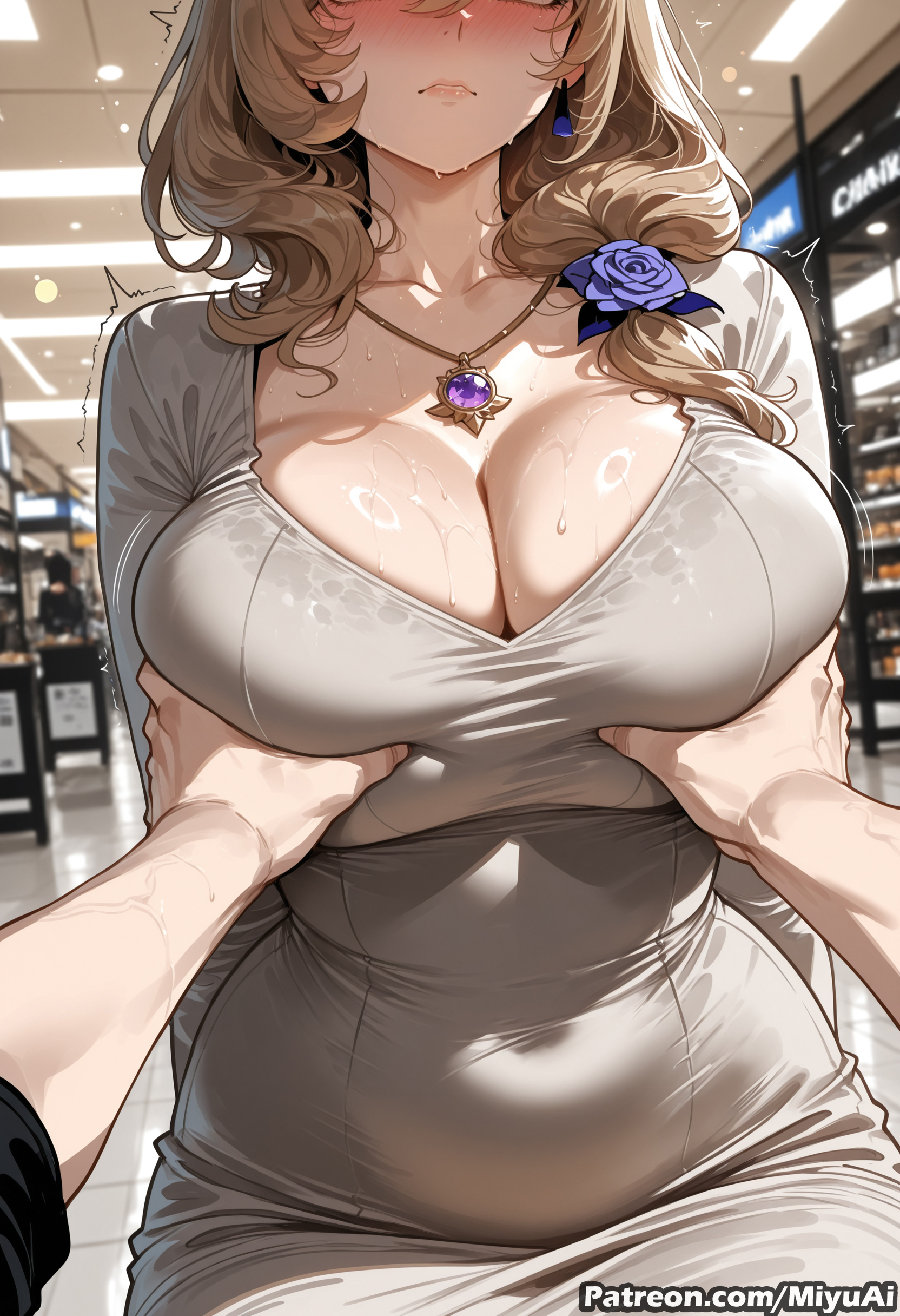 1boy, 1girl, ai assisted, ai generated, bangs, blue flower, blush, breast grab, breasts, brown hair, cleavage, closed eyes, closed mouth, curvaceous, curvy, curvy female, curvy figure, dress, earrings, eyebrows visible through hair, female, flower, genshin impact, grabbing, hair flower, hair ornament, indoors, jewelry, lisa (genshin impact), long hair, mature, milf, miyuai, necklace, pov, rose, solo focus, sweat, thick, thick ass, thick butt, thick hips, thick legs, thick thighs, voluptuous, voluptuous female, wide hips, wide thighs