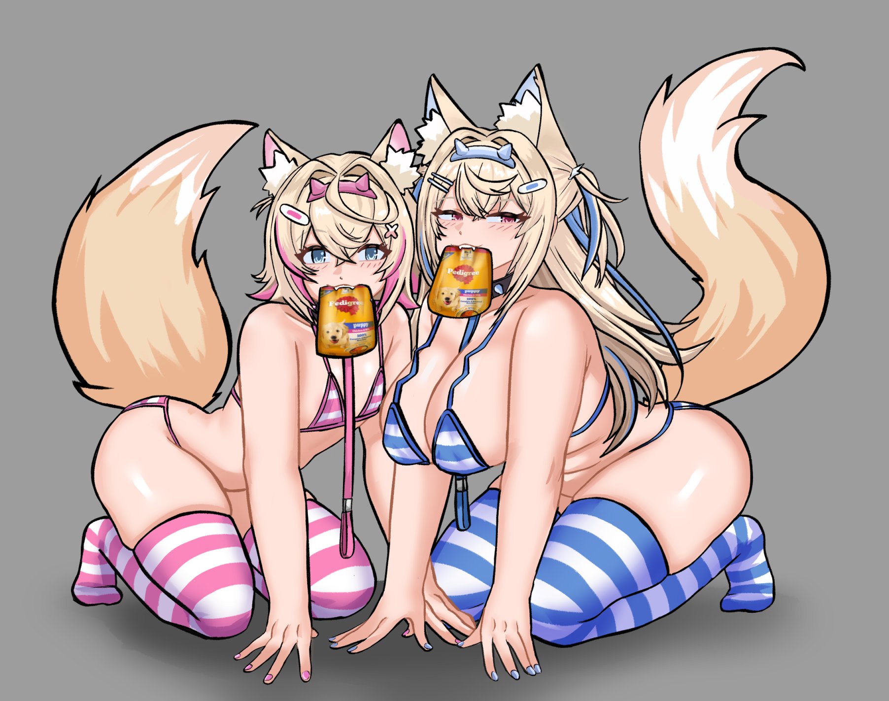 2girls, all fours, curvy, dog food, dog girl, fangs, flat chest, food in mouth, fuwamoco, fuwawa abyssgard, hololive, hololive english, huge breasts, large breasts, mococo abyssgard, multiple girls, peagade, sharp teeth, teeth, thick thighs, virtual youtuber, voluptuous, wide hips