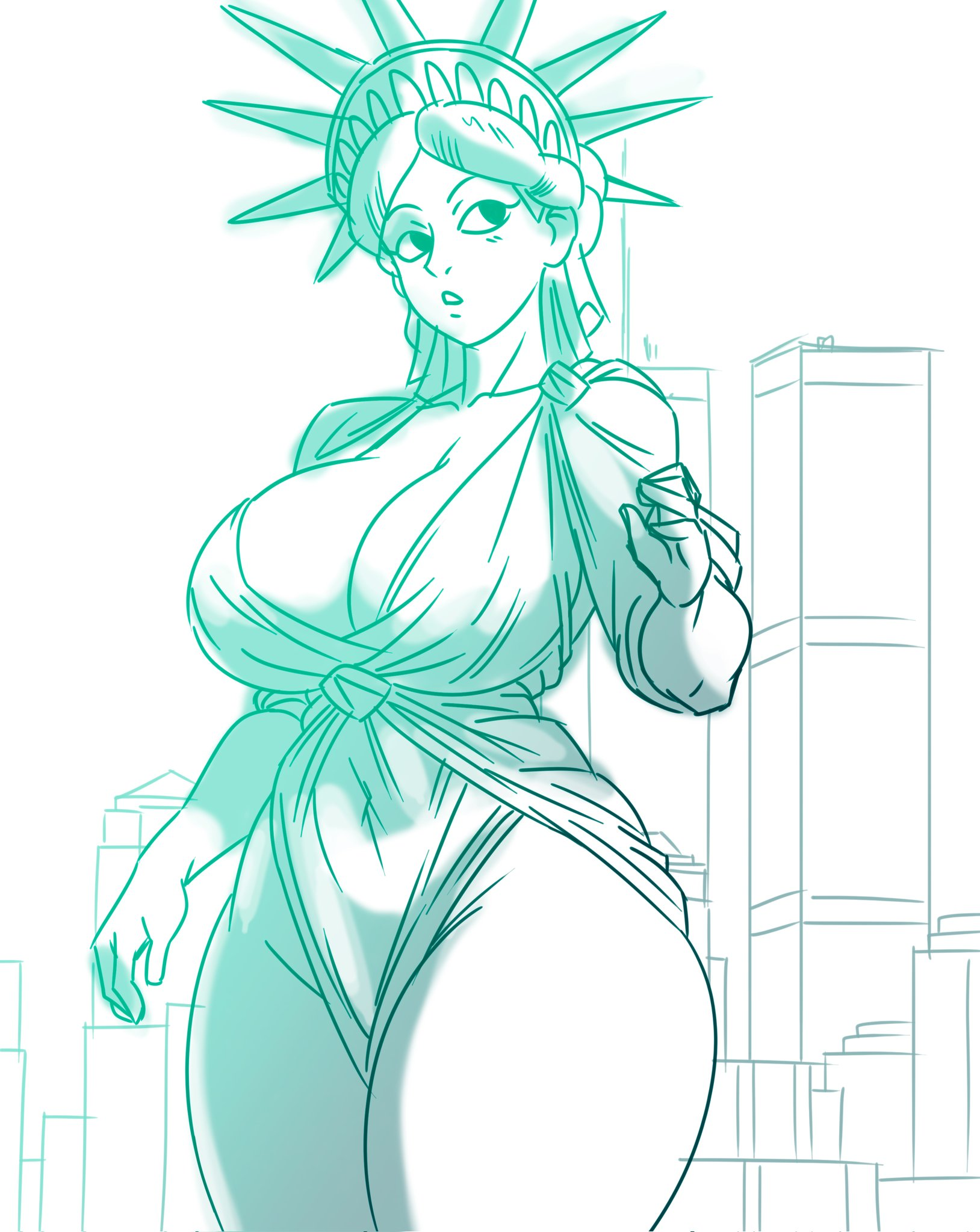 1girls, 2020s, 2024, 2d, 2d (artwork), 4th of july, alvarikokearte, big breasts, breasts, female, female only, fine art parody, holidays, lady liberty, png, public domain, sketch, solo, statue of liberty, thighs, twin towers