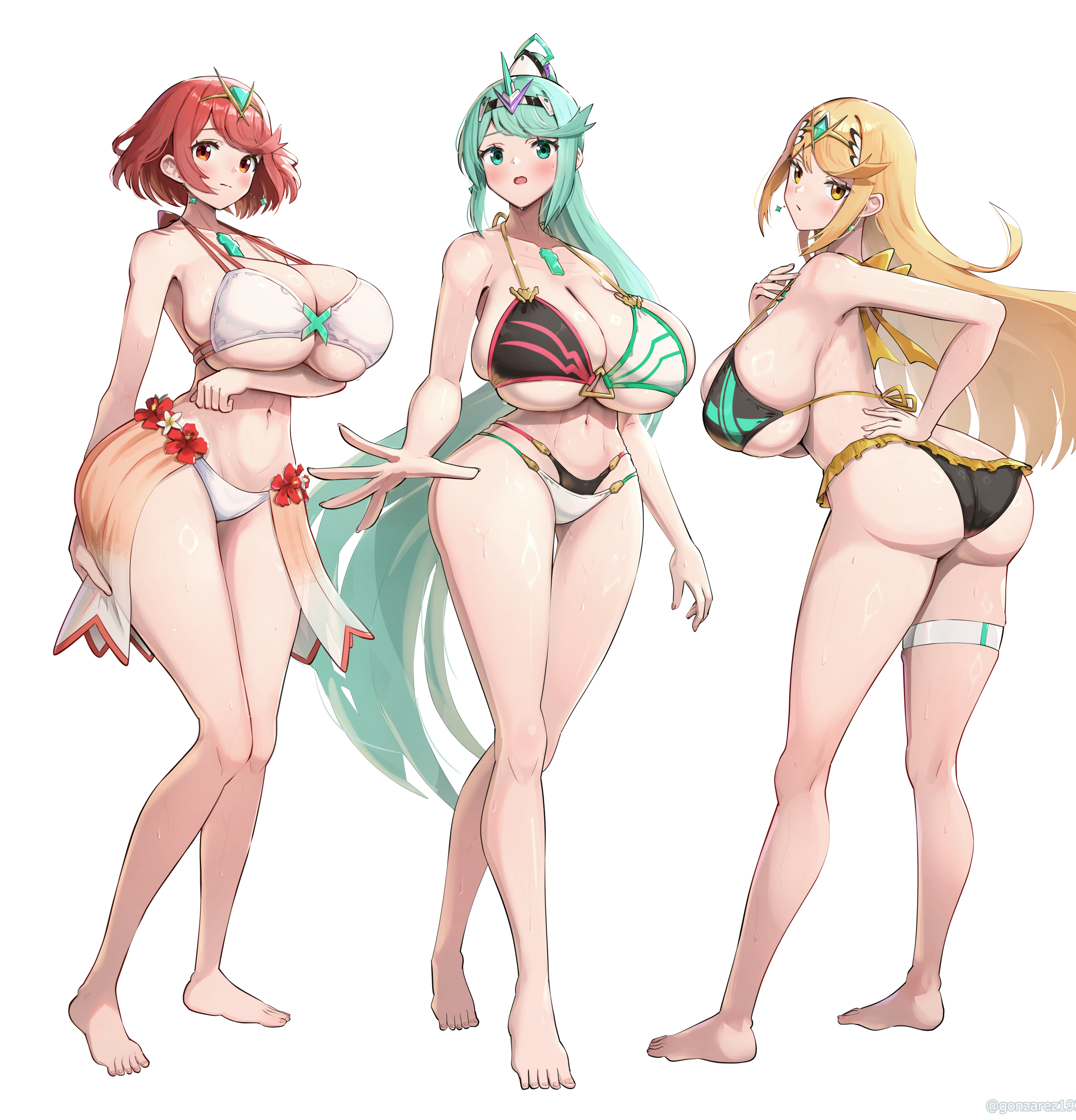 3girls, absurdres, alternate costume, arm under breasts, barefoot, bikini, blonde hair, blush, breasts, busty, colored, core crystal, core crystal (xenoblade), curvy, curvy figure, earrings, female, female only, flowers, full body, gonzarez, green eyes, green hair, highres, hips, huge breasts, jewlery, looking at viewer, massive breasts, midriff, monolith soft, multiple girls, mythra, mythra (xenoblade), navel, nintendo, pneuma (xenoblade), ponytail, pyra, red eyes, red hair, revealing clothes, swimsuit, thick thighs, thighs, tiara, water drop, wet, wide hips, xenoblade (series), xenoblade chronicles (series), xenoblade chronicles 2, yellow eyes