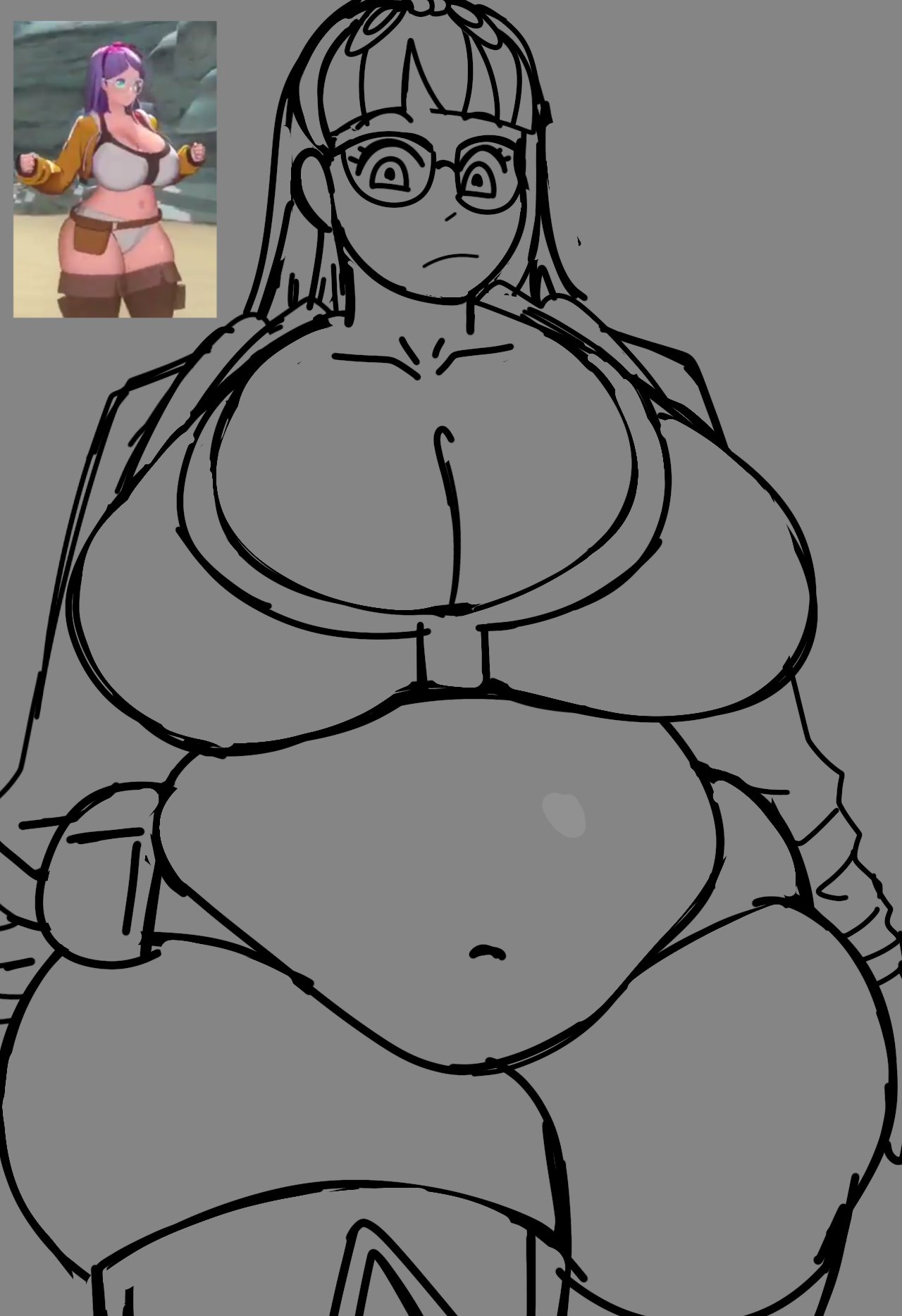 1girls, beach, belly expansion, big breasts, bow, bra, breast expansion, breast growth, breast growth (enlargement), breasts, butt expansion, chubby, chubby belly, chubby female, chubby woman, exposed fat belly, fat, fat female, female, glasses, hand on belly, horizon walker, huge breasts, purple eyes, purple hair, ribznsfw, sketch, solo, solo female, thick hips, thick legs, thick thighs, weight gain, weight gain female, yeonwoo (horizon walker)