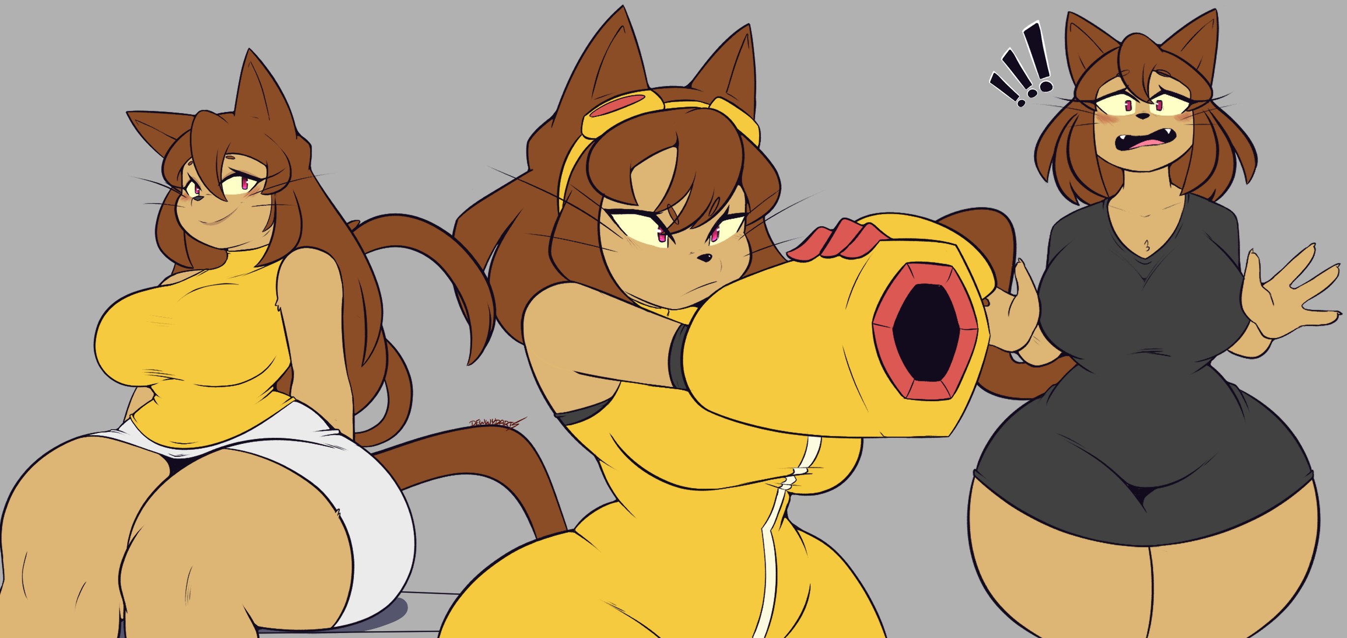 2026, anthro, arm cannon, big breasts, black clothing, black dress, blush, bottomwear, breasts, brown hair, clothed, clothed anthro, clothed female, clothing, dewwydarts, dewwydartz, domestic cat, dress, eyewear, eyewear on head, felid, feline, felis, female, furry, gameoverse, glitch productions, goggles, goggles on head, hair, hi res, huge breasts, kit (gameoverse), kit bodega, long hair, looking at viewer, mammal, pink eyes, ranged weapon, skirt, solo, tagme, tail, thick thighs, topwear, weapon, weapon arm, whiskers, white bottomwear, white clothing, white skirt, wide hips, yellow clothing, yellow topwear
