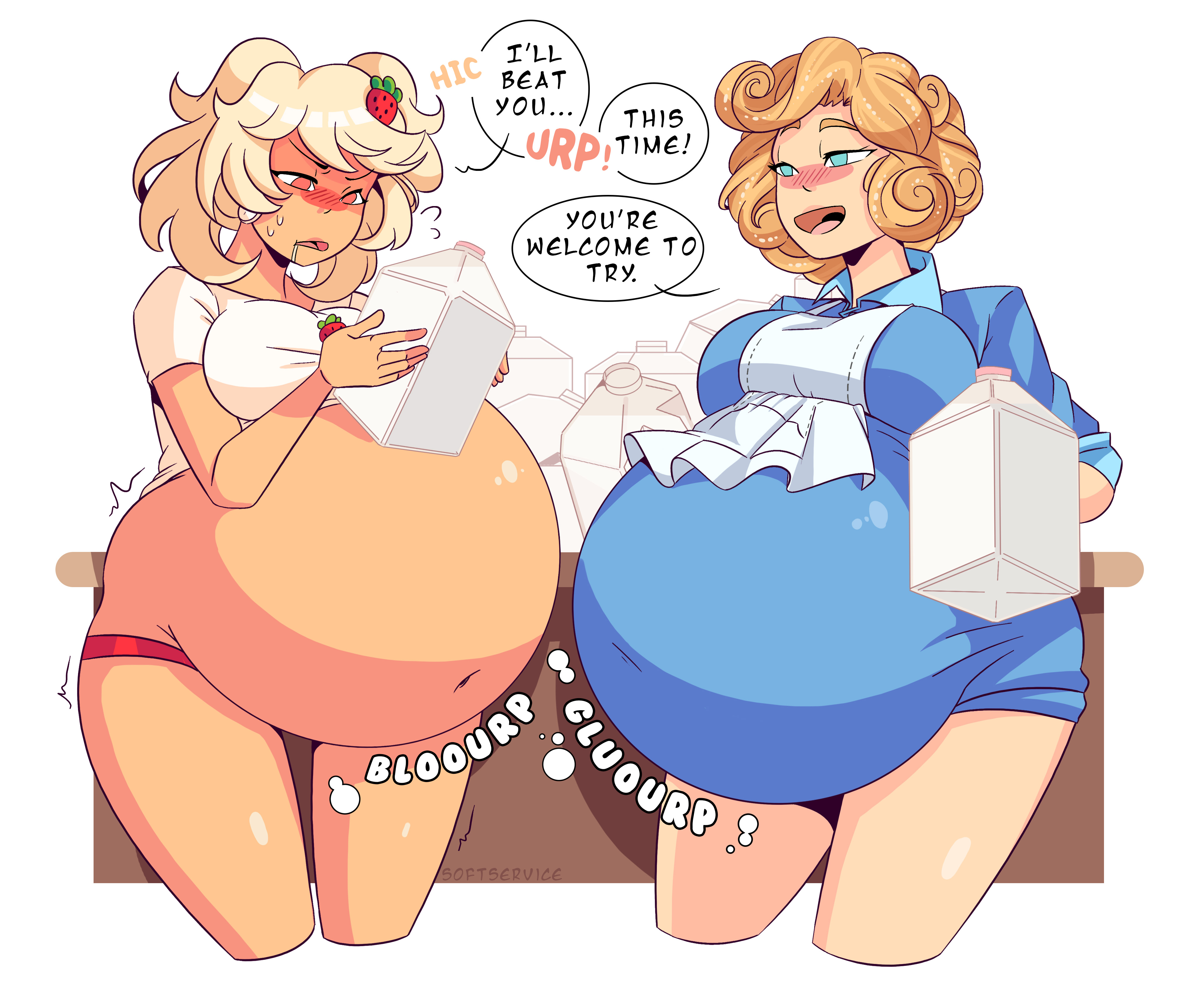 2022, 2girls, belly expansion, belly stuffing, big belly, bloated belly, cinna (dinobee), commission, female only, huge belly, oatmeal (lewdlemage), softservice, stuffed belly, tagme