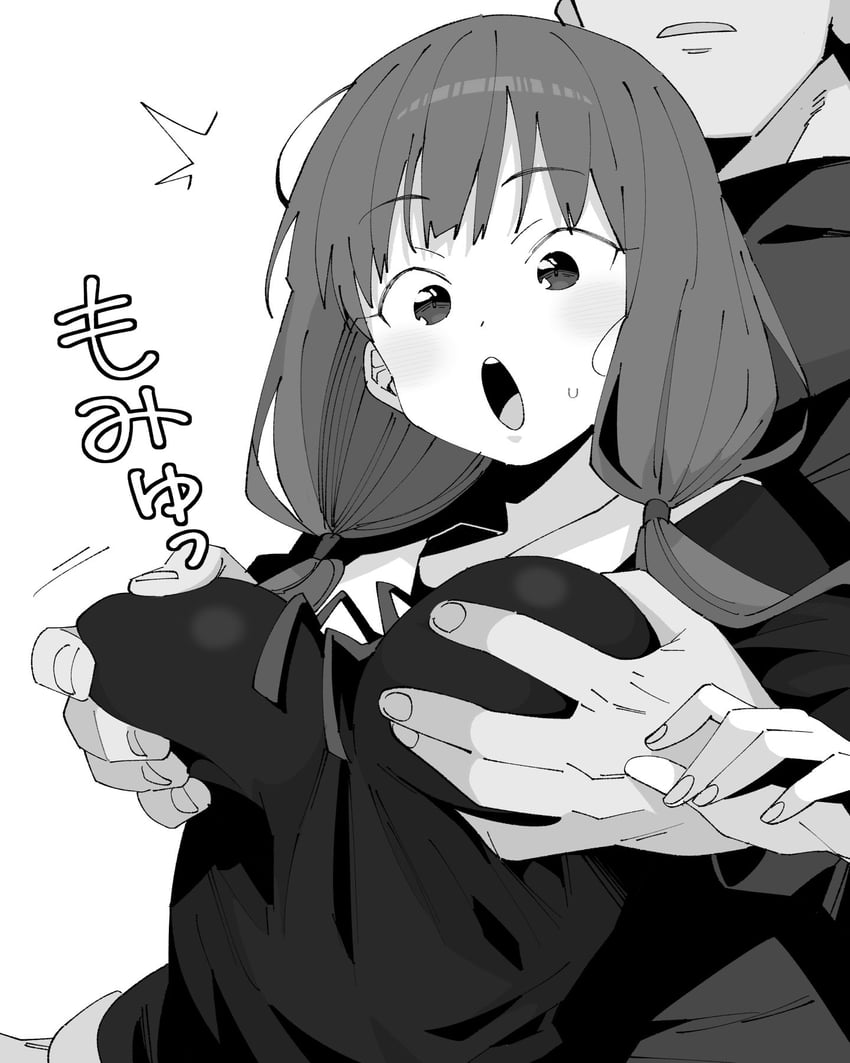 1boy, 1girl, blush, breasts, commentary request, fingernails, grabbing another's breast, grabbing from behind, greyscale, groping, henyaan (oreizm), hetero, highres, iino miko, kaguya-sama wa kokurasetai ~tensai-tachi no renai zunousen~, long hair, low twintails, medium breasts, monochrome, open mouth, school uniform, simple background, twintails, white background